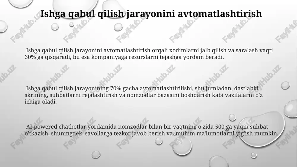 atsiya imkoniyatiga ega bo'lib, hr bo'limi ma'lumotlarini boshqa tizimlar, masalan, crm bilan 90% ga yaqin samaradorlik bilan birlashtiradi. xodimlar bilan samarali aloqa vositalari zamonaviy xabarlashuv platformalari, masalan, slack yoki microsoft teams, jamoaviy ishlarni 30% ga tezlashtirib, xodimlar o'rtasidagi muloqotni yaxshilaydi va tezkor fikr almashish imkonini beradi. onlayn so'rovnomalar va anketalar yordamida hr bo'limi xodimlar fikrini o'rganib, ularning 80% dan ortig'ining ehtiyojlarini aniqlash va ish sharoitlarini yaxshilash bo'yicha ma'lumot to'plash imkoniga ega bo'ladi. intranet tizimlari orqali xodimlarga korporativ yangiliklar, siyosatlar va muhim hujjatlarni 24/7 kirish imkoniyati taqdim etiladi, bu esa samaradorlikni oshiradi va axborotga kirishni soddalashtiradi. xodimlar bilan munosabatlarni boshqarish xodimlarni baholash va ularning rivojlanishi uchun hr-analitika platformalaridan foydalanish, kamida 30% gacha ob'ektiv ma'lumotlarni ta'minlaydi va xatoliklarni kamaytiradi. zamonaviy hr tizimlari yordamida xodimlar bilan aloqani 20% ga yaxshilash va motivatsiyani oshirish orqali ish samaradorligini 15% ga ko'tarish mumkin. korporativ ijtimoiy tarmoqlar va onlayn so'rovnomalar orqali xodimlar fikrini o'rganish, muloqotni 5 barobar …