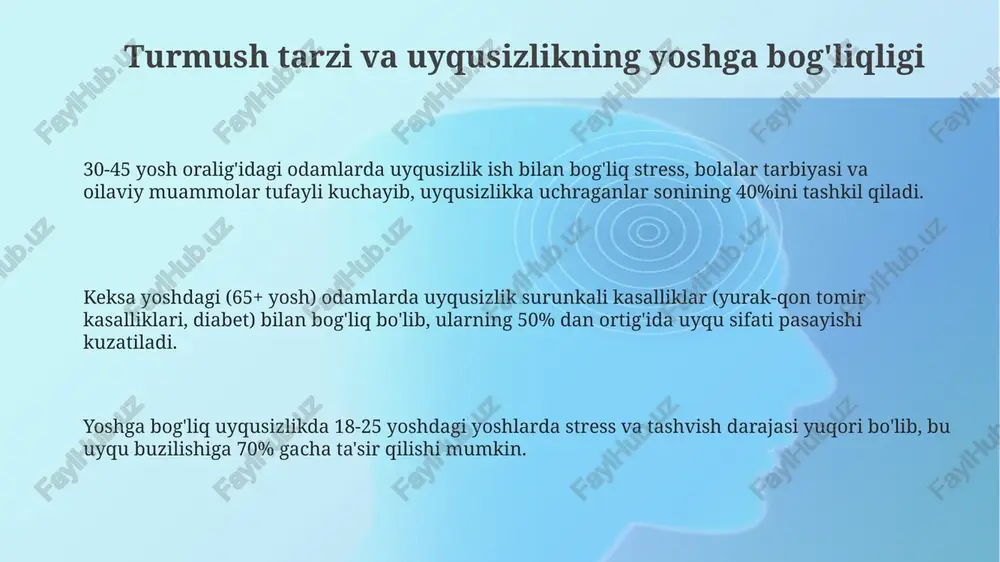 ikning oldini olishda 65 yoshdan oshgan kattalarda melatonin darajasining pasayishini hisobga olish va uyqu gigienasini yaxshilashga e’tibor qaratish muhim. o'smirlarda (13-18 yosh) uyqusizlikka qarshi kurashda kunlik tartibni saqlash, uyqusizlik bilan bog'liq xavotir va stressni boshqarish uchun kognitiv-xulq terapiyasi yondashuvlari samarali. bolalarda (7-12 yosh) uyqusizlikni oldini olish uchun muntazam jismoniy mashqlarni (kuniga kamida 1 soat) va ekran vaqtini cheklash (yotishdan 1 soat oldin) tavsiya etiladi. yosh guruhlari bo'yicha uyqusizlikning keng tarqalganligi yosh guruhlari bo'yicha uyqusizlikning tarqalishi yoshga bog'liq bo'lib, 65 yoshdan oshgan kattalarda 30% ga yaqin, 18-64 yoshdagi kattalarda esa 20% atrofida kuzatiladi. bolalar va o'smirlarda uyqusizlikning tarqalishi 10% dan oshishi mumkin, bu esa o'quv stresslari va ijtimoiy omillar bilan bog'liq. uyqusizlikning tarqalishi jinsiy farqlarni ham ko'rsatadi, ayollarda erkaklarga nisbatan 1,5-2 baravar ko'proq uchraydi, bu gormonal o'zgarishlar bilan bog'liq. har xil yosh guruhlarida uyqusizlikning qo'shma kasalliklari yosh bolalarda uyqusizlik giperaktivlikka chalingan defitsit buzilishi (adhd) va o'quv qiyinchiliklari bilan tez-tez birga kuzatiladi, …
