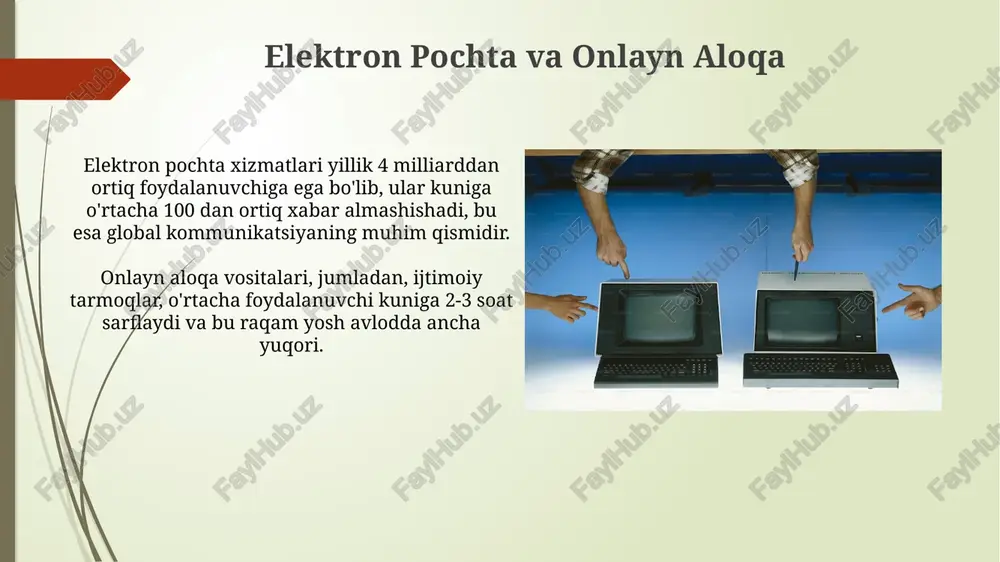rish va soliq to'lovlarini amalga oshirish uchun foydalanadi, bu esa byurokratik jarayonlarni soddalashtiradi. internet-banking orqali amalga oshiriladigan o'rtacha to'lov miqdori 500 000 so'mdan oshadi, bu esa yirik miqdordagi operatsiyalarni xavfsiz va qulay bajarish imkonini beradi. internetning asosiy xizmatlari dunyo bo'ylab 4,7 milliarddan ortiq odam internetdan foydalanadi va bu foydalanuvchilarning 90% dan ortig'i ijtimoiy tarmoqlar, onlayn xaridlar va axborot qidiruv kabi xizmatlardan faol foydalanishadi. internetdagi video mazmun iste'moli yiliga 1,5 petabaytdan oshadi va bu o'sish sur'ati yuqori tezlikdagi internetning joriy etilishi bilan yanada kuchayishda davom etmoqda. onlayn savdo va elektron tijorat onlayn savdo orqali 2023-yilda o'zbekistonda 15 million foydalanuvchi elektron tijorat platformalaridan xarid qilgan bo'lib, bu umumiy aholi sonining 30% dan ortiqroq qismini tashkil etadi. o'zbekistonlik elektron tijorat platformalarining 80% dan ortig'i mobil ilovalar orqali xizmat ko'rsatadi, bu esa qulaylik va kirish imkoniyatlarini oshiradi. e'tiboringiz uchun rahmat @taqdimot_robot image1.jpg image2.jpg image3.jpg image4.jpg image5.jpg image6.jpg image7.jpg image8.jpg image9.jpg image10.jpg image11.jpg image12.jpg