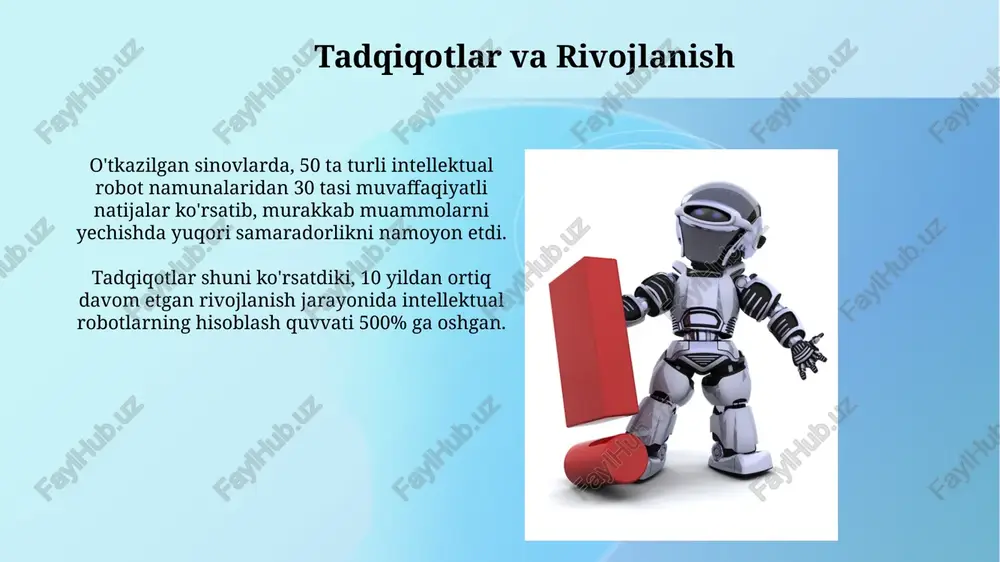 n'iy intellektning asosiy tarkibiy qismidir va 1000 dan ortiq ma'lumotlar to'plami orqali murakkab naqshlarni aniqlash va bashorat qilish imkonini beradi. ma'lumotlarni qayta ishlash va tahlil qilish ma'lumotlarni vizualizatsiya qilish va tahlil qilish uchun intellektual robotlar 3d modellashtirish va grafik interfeyslarni qo'llaydi, bu esa ma'lumotlarni tushunish va tahlil qilishni soddalashtiradi. intellektual robotlar ma'lumotlarni qayta ishlashda chuqur o'rganish algoritmlarini, jumladan, 100 millionlab parametrlarga ega neyron tarmoqlarni qo'llaydi va bu ularga murakkab naqshlarni aniqlash imkonini beradi. harakatlanish va navigatsiya robotlarning harakatlanish tezligi va manevrlilik darajasi ularning g'ildiraklarining tuzilishi, dvigatellarining kuchi va boshqaruv tizimining murakkabligiga bog'liq bo'lib, bu parametrlar 0,5 m/s dan 5 m/s gacha o'zgarib turadi. robotlarning avtonom navigatsiyasi uchun sun'iy intellekt asosida ishlaydigan path planning algoritmlari qo‘llaniladi, bu ularga to'siqlarni aniqlash va eng optimal yo'lni tanlash imkonini beradi, masalan, a algoritmi yoki dijkstra algoritmi. muloqot va tilni tushunish muloqot tizimlarining samaradorligi, odatda, aniqlik (accuracy) va eslatish (recall) koeffitsientlari bilan o'lchanadi, ular 80% …