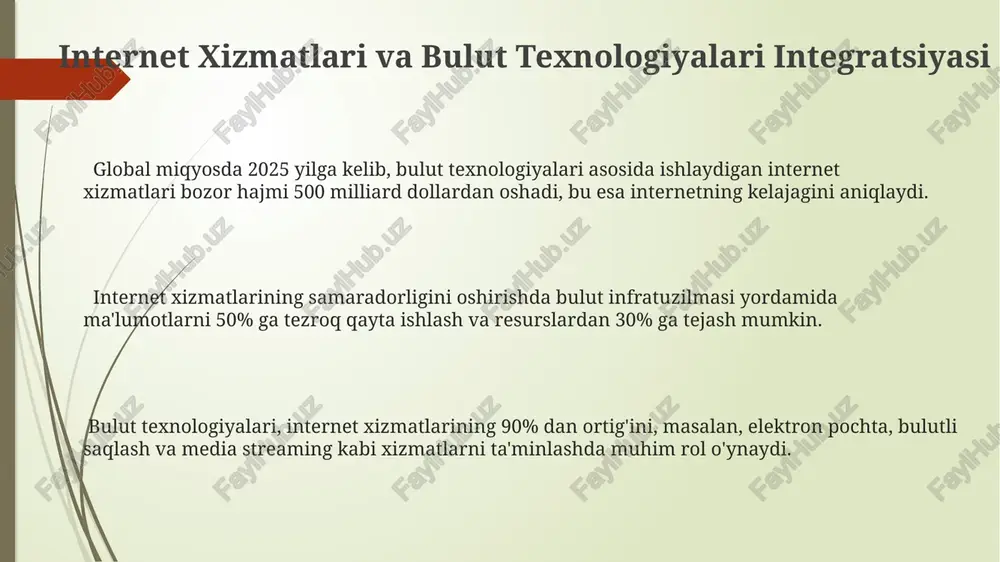 ilan yuqori mavjudlikni ta'minlaydi, bu esa biznes uzilishlarining oldini oladi va ma'lumotlarning xavfsizligini oshiradi. bulutli xizmatlar, o'rtacha 30% gacha sarf-xarajatlarni kamaytirib, it infratuzilmasiga investitsiyalarni sezilarli darajada qisqartiradi va shuningdek, shartnomalar asosida foydalanish mumkin. internet xizmatlari ta'rifi internet xizmatlari global tarmoq orqali ma'lumot almashish, masalan, veb-saytlarga kirish (80% dan ortiq foydalanish), elektron pochta (smtp protokoli orqali 10 milliarddan ortiq xabar), va fayl almashish kabi imkoniyatlarni taqdim etadi. bulut texnologiyalari bilan birgalikda internet xizmatlari ma'lumotlarni saqlash (masalan, 10 tb gacha bulutli xotira), dasturlarni ishga tushirish (saas modeli orqali 5000 dan ortiq turdagi xizmatlar), va hamkorlik platformalarini ta'minlaydi. internet xizmatlari foydalanuvchilarga 24/7 kirish imkoniyatini, yuqori tezlikdagi ulanishlarni (masalan, 1 gbps dan yuqori tezlikda) va turli xil qurilmalar (smartfonlar, kompyuterlar, planshetlar) orqali foydalanish imkoniyatini beradi. bulut texnologiyalari asoslari bulut infratuzilmasi, virtual serverlar, ma’lumotlar bazalari va boshqa resurslarni talabga binoan taqdim etib, xarajatlarni 30% gacha kamaytirishga yordam beradi va shuningdek, it infratuzilmasiga sarflanadigan mablag'larni tejaydi. …