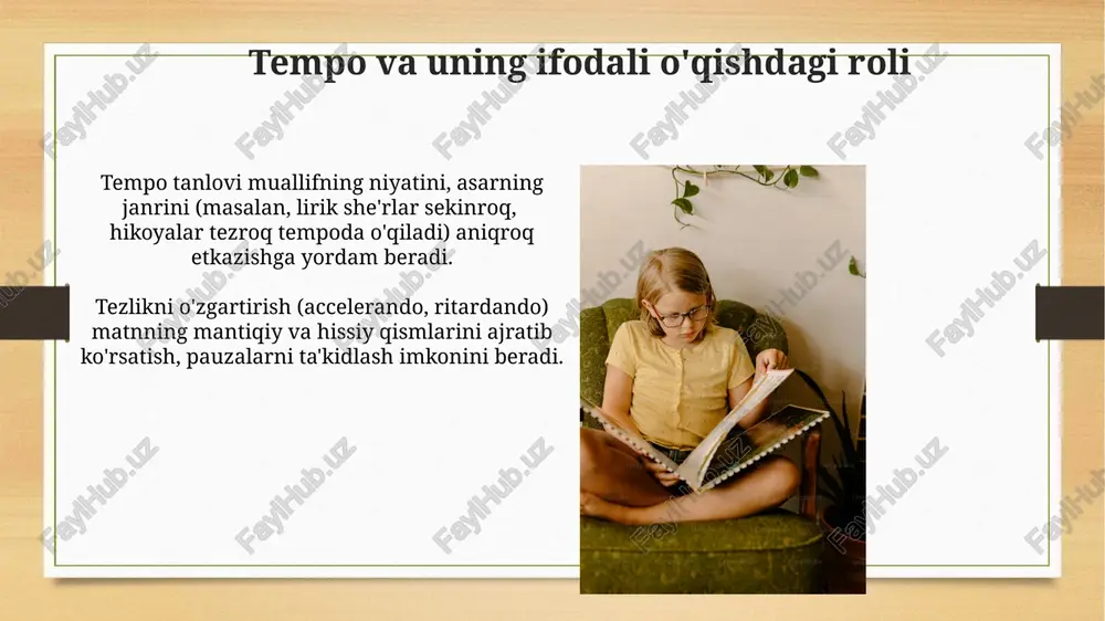 jiddiy, muhim ma'lumotlarni ta'kidlashda, tez tempo esa dinamik sahnalarni tasvirlashda samarali. tempo va ritmni o'zgartirish orqali matnda 2-3 ta asosiy g'oya va 5-7 ta muhim tafsilotni ajratib ko'rsatish mumkin. intonatsiya, tempo va ritmning o'zaro bog'liqligi tempo tezlashishi yoki sekinlashishi ritmik tuzilmani o'zgartiradi, bu esa intonatsiyaning balandlik va pastlik darajalariga ta'sir qiladi; 3 ga yaqin ritmik birlikdan keyin intonatsion o'zgarish kuzatiladi. intonatsiyaning o'zgarishi tempo va ritmni 20-30% ga o'zgartirishi mumkin, bu esa matnning hissiy ohangini va ma'nosini sezilarli darajada o'zgartiradi. ifoda qilishda intonatsiyaning ahamiyati toʻgʻri intonatsiya nutqning semantik tuzilishini 15-20% ga boyitadi va mazmunni aniqlashga yordam beruvchi prosodik vositalar yordamida tinglovchilarga ma'lumotni tushunishni osonlashtiradi. intonatsiyaning oʻzgarishi, ya'ni ovoz balandligi, pastligi va pauzalarning qoʻllanishi, 5 xil his-tuygʻuni ifodalashga imkon beradi, xabarni aniq va ravshan yetkazishga yordam beradi. e'tiboringiz uchun rahmat @taqdimot_robot image7.jpg image8.jpg image9.jpg image10.jpg image11.jpg image12.jpg image13.jpg image14.jpg image15.jpg image16.jpg image17.jpg image18.jpg image3.png image4.png