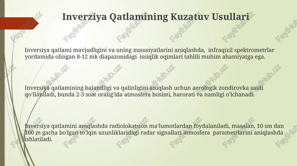chiqaradi, bu esa inversiya qatlamining hosil boʻlishiga olib keladi. inverziya qatlami modellashtirish usullari inverziya qatlami modellashtirishda 3d seysmik ma’lumotlaridan foydalanish aniqlikni 10-15% ga oshiradi va chuqurlikdagi chegaralarni aniqroq aniqlash imkonini beradi. ray tracing va finite-difference usullari kabi turli xil raqamli modellashtirish texnikalari inverziya qatlami xususiyatlarini, masalan, qalinligi va tezligini, aniqlash uchun qo'llaniladi. yuqori chastotali seysmik to'lqinlarning tarqalishini hisobga oladigan modellashtirish usullari nodavriy tuzilmalarni, masalan, 5-10 metrli nosimmetrik qatlamlarni aniqroq tasvirlaydi. inverziya qatlamining xususiyatlari inverziya qatlami haroratning balandlikka nisbatan o'zgarishi natijasida hosil bo'ladi, bu yerda 1000 metr balandlikda harorat 6-8°c ga ko'tarilishi mumkin, bu esa atmosfera barqarorligini ta'minlaydi. inverziya qatlamining qalinligi o'rtacha 100-1500 metrni tashkil etadi va bu qalinlik mavsumiylik, geografik joylashuv va boshqa omillarga bog'liq. ushbu qatlamda ifloslantiruvchi moddalar to'planishi kuzatiladi. inverziya qatlamining mavjudligi atmosfera diffuziyasini sezilarli darajada kamaytiradi, bu esa havo sifatining yomonlashuviga va 2-3 baravar yuqori ifloslanish darajasiga olib kelishi mumkin. inverziya qatlamining shaklini aniqlash inversiya qatlami shaklini …