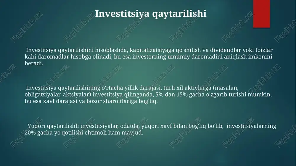 ng o'sishi muhim ahamiyatga ega bo'lib, o'rtacha 20% gacha o'sishga olib kelishi mumkin. investitsiya funktsiyasiga ta'sir etuvchi 5 ta asosiy omil mavjud: foiz stavkalari, inflyatsiya darajasi, kutilayotgan daromad, soliq siyosati va siyosiy barqarorlik. bular investitsiya hajmini belgilaydi. mehnat resurslari mehnat resurslarining 60% dan ortig'i qishloq xo'jaligida band bo'lib, mamlakatning yaimga ularning hissasi 25% atrofida. mehnat unumdorligini oshirish uchun 15% gacha investitsiyalarni kasbiy ta'lim va qayta tayyorlashga yo'naltirish zarur. malakali mutaxassislar etishmasligi, ayniqsa, it va muhandislik sohalarida kadrlar tanqisligi investitsiyalarning samaradorligini pasaytiradi. investitsiya funksiyasi ta'rifi investitsiya funksiyasi, o'rtacha samaradorlik koeffitsienti 1,5 bo'lgan sharoitda, kapitalning 10 birligi investitsiyasi milliy daromadni 15 birlikka oshirishi mumkinligini ko'rsatadi. investitsiya funksiyasi iqtisodiyotning 3 asosiy omillariga - kapital, mehnat va texnologiyalar miqdoriga bog'liq holda milliy daromadning o'sishini aks ettiradi va 2% dan 5% gacha o'zgarishi mumkin. investitsiya funksiyasi, foiz stavkalari, inflyatsiya darajasi kabi 2 yoki undan ortiq makroiqtisodiy ko'rsatkichlar ta'siriga juda sezgir bo'lib, bu funksiyaning egri chizig'ining …