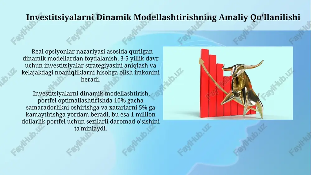 ol o'ynaydi, u aktivning bozor portfeliga nisbatan xavfi darajasini ifodalaydi va 1 dan yuqori bo'lgan β yuqori xavfni bildiradi. asosiy moliyaviy modellashtirishda 3-5 yillik prognozlar ko'pincha ishlatiladi, bu davrda kelajakdagi daromadlar va xarajatlarni bashorat qilish uchun turli statistik usullar va regressiya tahlillari qo'llaniladi. vaqt qiymatining pulining konsepsiyasi pulning vaqt qiymati (pv) kontseptsiyasi kelajakdagi 100 so'mning bugungi kunda 95 so'mga teng ekanligini ko'rsatadi, bu esa 5% diskont stavkasini aks ettiradi. yuqori diskont stavkalari kelajakdagi pul oqimlarining bugungi kun qiymatini pasaytiradi, masalan, 10% diskont stavkasida 1000 so'mning pv 10% stavka bilan hisoblanganda 5 yildan keyin olingan 1000 so'mga nisbatan past bo'ladi. investitsiyalarni dinamik modellashtirishga kirish investitsiyalarni dinamik modellashtirishda, masalan, avtoregressiv (ar) modeli 1-tartibli yoki 2-tartibli bo'lishi mumkin, bu esa vaqt seriyalarining o'zgarishini tasvirlash imkoniyatini beradi. monte-karlo simulyatsiyasi orqali 1000 ta yoki undan ko'p stsenariylarni yaratib, investitsiya portfelining turli tarkiblarini tahlil qilish va xavf-foyda nisbatini baholash mumkin. kapital aktivlar bahosi modeli (capm) sharli …