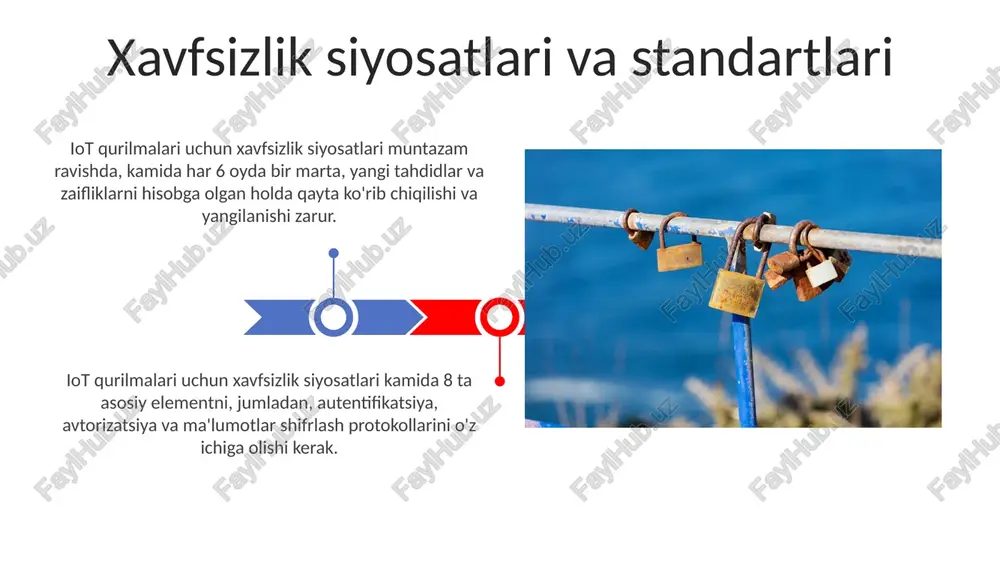 -force hujumlariga va 256 bitlikdan kamroq kalit uzunliklariga ega bo'lgan qurilmalarning shifrlashini buzishga osonlikcha yo'l ochadi. ddos hujumlari orqali iot qurilmalariga katta miqdordagi soxta trafik yuborish, ulardagi xizmatlarni to'xtatib qo'yish va 1000 dan ortiq qurilmalarni bir vaqtda nazorat ostiga olish mumkin. xavfsizlik voqealari va tahlil qilish iot tarmoqlarida penetratsiya testi oʻtkazishda 80% hollarda zaif joylarni aniqlash uchun port skanerlash va zaiflik skanerlash kabi avtomatlashtirilgan vositalar ishlatiladi. iot qurilmalarida 2022-yilda 30 milliontadan ortiq kiberhujumlar qayd etilgan boʻlib, ulardan 70% zaif parol va standart konfiguratsiyalar bilan bogʻliq. iot tarmoqlarini himoya qilish strategiyalari tarmoqdagi barcha qurilmalar uchun ip-manzillarni ajratish va vpn kabi xavfsizlik protokollari orqali trafikni shifrlash kiberhujumlardan himoya qilishda muhim rol o'ynaydi. iot tarmog'iga kirishni ikki omilli autentifikatsiya (2fa) orqali himoya qilish va kamida 12 ta belgili murakkab parollardan foydalanish zarur. e'tiboringiz uchun rahmat @taqdimot_robot image4.jpg image5.jpg image6.jpg image7.jpg image8.jpg image9.jpg image10.jpg image11.jpg image12.jpg image13.jpg image14.jpg image15.jpg image1.jpeg image2.jpeg