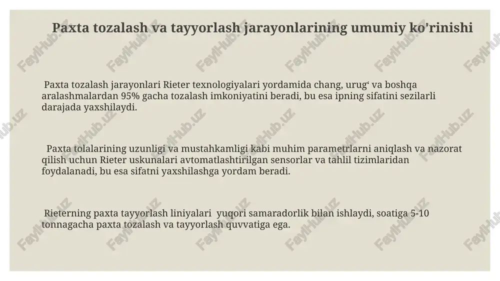 ihatdan foydali hisoblanadi. rieter uskunalarining texnik xususiyatlari rieter kompaniyasining yangi avlod paxta tayyorlash liniyalari minimal ishchi kuchi bilan yillik 50 000 soatgacha uzluksiz ishlay oladi, bu esa xarajatlarni sezilarli darajada kamaytiradi. maxsus dizayndagi rieter paxta tozalash mashinalari 99,5% dan yuqori tozalash samaradorligiga erishadi, bu esa tolaga kiruvchi qo'shimcha armalashmalarni minimallashtiradi. rieter uskunalarining yuqori samaradorligi soatiga 1000 kg gacha paxta tozalash va tayyorlash imkonini beradi, bu esa ishlab chiqarish hajmini sezilarli darajada oshiradi va energiya sarfini kamaytiradi. e'tiboringiz uchun rahmat @taqdimot_robot
