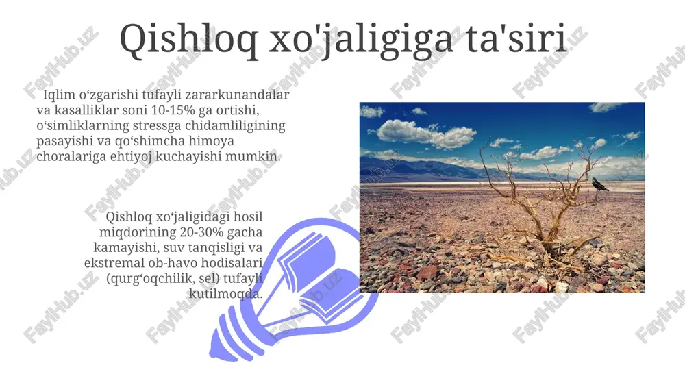 a-xillikni saqlash bo'yicha global strategiyalar, ya'ni 2030-yilga kelib, himoyalangan hududlarni 30% gacha kengaytirish rejasi, iqlim o'zgarishlariga chidamlilikni oshirishda muhim rol o'ynaydi va bu 1000 turdagi hayvonlarni yo'qolib ketishdan saqlab qolish imkonini beradi. biologik xilma-xillikning yo'qolishi genetik xilma-xillikning kamayishi o'simlik va hayvonlarning kasalliklarga va atrof-muhit sharoitlarining o'zgarishiga chidamliligini pasaytiradi, natijada populyatsiyalar sonining keskin kamayishi kuzatiladi. o'simlik va hayvonot dunyosining 75% dan ortig'i 2050 yilga kelib tabiiy muhitlarining buzilishi va iqlim o'zgarishi natijasida yo'qolib ketishi mumkin, bu esa ekosistema xizmatlarining buzilishiga olib keladi. inson salomatligiga ta'siri 01 02 iqlimiy o'zgarishlar tufayli yuzaga keladigan issiqlik to'lqinlari yurak-qon tomir kasalliklari xavfini 20% ga oshirishi mumkin, bu esa o'lim holatlarining ko'payishiga olib keladi. sales 1st qtr 2nd qtr 100 0 sales 1st qtr 2nd qtr 100 0 hayvonot dunyosining o'zgarishi hayvonot dunyosining 30% ga yaqini yaqin 50 yil ichida yo'qolib ketish xavfi ostida, asosan yashash joylarining yo'qolishi va iqlim o'zgarishi tufayli. dengiz sathining ko'tarilishi tufayli, …