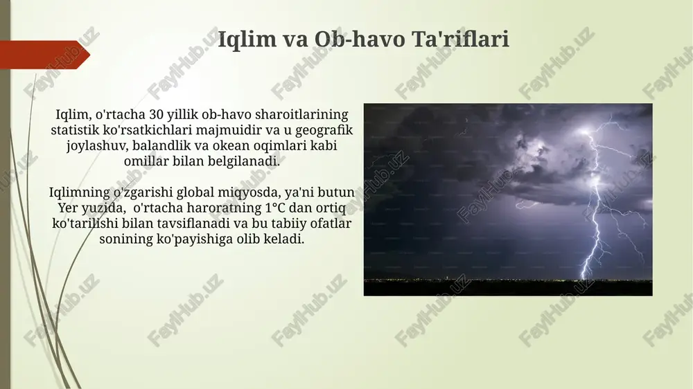 ng kengayishi kuzatilmoqda, bu jarayon 2100-yilga borib 30% ga oshishi va biologik xilma-xillikni yo'qotishi mumkin. iqlim o'zgarishi natijasida o'zbekiston hududida tez-tez va kuchliroq bo'ladigan tabiiy ofatlar (sel, qurg'oqchilik) soni 2 baravar ko'payishi mumkin, bu inson salomatligiga va iqtisodiyotga zarar yetkazadi. atmosfera bosimi va shamol shamolning tezligi va yo'nalishi atmosfera bosimining gorizontal farqlari tufayli yuzaga keladi; bosim gradyenti kuchliroq bo'lsa, shamol tezligi yuqoriroq bo'ladi. yer yuzasining 70% dan ortig'ini suv qoplaganligi sababli, suv havzalari ustidan shamolning tezligi va namligi quruqlikka nisbatan farq qiladi, bu esa iqlimni shakllantirishda muhim rol o'ynaydi. ob-havo o'zgarishlariga moslashish oʻzbekistonning suv resurslari boshqaruvini takomillashtirish orqali 20% gacha suv tejashga erishish, qurgʻoqchilikka chidamlilikni oshirish va qishloq xoʻjaligini modernizatsiya qilish orqali iqlim oʻzgarishlariga moslashish mumkin. iqlim oʻzgarishiga moslashish choralarini amalga oshirish uchun 2030-yilgacha 100 milliard aqsh dollari miqdorida mablagʻ jalb qilish rejalashtirilgan boʻlib, bu global miqyosdagi hamkorlikni talab etadi. harorat va namlik haroratning 1°c oʻzgarishi, ayniqsa, 35°c dan yuqori …
