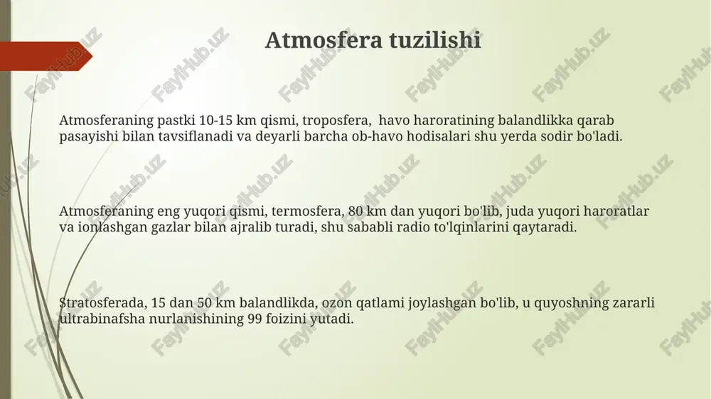 sa global isish natijasida muzliklarning erishi bilan bog'liq. global isish tufayli yerning o'rtacha harorati 1850-yilga nisbatan 1,1°c ga ko'tarildi, bu esa ekstremal ob-havo hodisalari chastotasining oshishiga olib keldi. atmosfera bosimi atmosfera bosimi yer yuzasiga 1 kvadrat santimetrga taxminan 1 kg kuch bilan ta’sir qiladi, bu 1013 millibarga teng bo'lgan o'rtacha atmosfera bosimini hosil qiladi. atmosfera bosimi ob-havo o'zgarishlarida muhim rol o'ynaydi; siklonlar past, antisiklonlar esa yuqori bosimli hududlar hisoblanadi va shamol tezligini belgilaydi. balandlik ortgan sayin atmosfera bosimi kamayadi; har 1000 metr balandlikda taxminan 120 millibar ga pasayadi. bu tog'li hududlarda nafas olish qiyinlashishiga olib keladi. iqlim zonalari iqlim zonalari yer yuzasida geografik kenglikka, balandlikka va okeanlardan masofaga qarab 5 ta asosiy zona — ekvatorial, tropik, mo‘‘tadil, subtropik va qutb zonalariga bo‘linadi. iqlim zonalarining chegaralari aniq emas va ularning joylashishi yerning aylanish o‘qi moyilligi (23,5°) va quyosh nurlarining tushish burchagi bilan bog‘liq bo‘lib, 1000 metr balandlikka chiqish 6-7° ga teng …