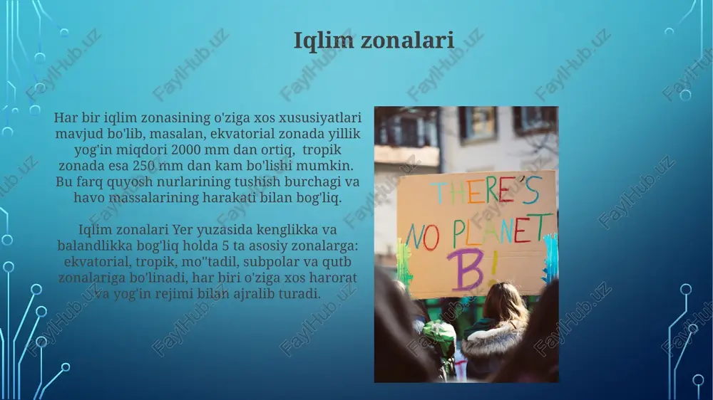atijasida hosil bo'ladigan bosim farqi, shamolning asosiy hosil bo'lish mexanizmidir. bu farq qancha katta bo'lsa, shamol shuncha kuchli bo'ladi. shamolning tezligi 12 ballli beaufort shkalasi bo'yicha o'lchanadi, 1 ball – tinch havo, 12 ball esa vayronkor kuchli bo'ronni bildiradi. iqlim va ob-havo tushunchalari ob-havo sharoiti kunlik yoki soatlik o'zgarishlarni aks ettiradi va atmosfera bosimining, namlikning va bulutlilikning tez o'zgarib turuvchi holatlarini o'z ichiga oladi. iqlim o'rtacha 30 yillik ob-havo ko'rsatkichlarining yig'indisidir, bu davr mobaynida harorat, yog'ingarchilik va shamol tezligi kabi parametrlarni o'z ichiga oladi. iqlimni muhofaza qilish iqlimni muhofaza qilishda, 2050-yilgacha global issiqxona gazlari emissiyasini kamida 45% ga kamaytirish maqsadi jahon miqyosida muhim ahamiyat kasb etadi. davlatlararo kelishuvlar va 1,5°c dan yuqori bo'lmagan global o'rtacha harorat o'sishini cheklash bo'yicha choralar iqlimni muhofaza qilishda muhim rol o'ynaydi. ob-havo prognozlari o'rtacha harorat prognozlari, yog'ingarchilik miqdori va shamol tezligi kabi parametrlar ob-havo prognozlarining asosiy tarkibiy qismlaridir, ularning aniqligi modellar va ma'lumotlar sifatiga bog'liq. …