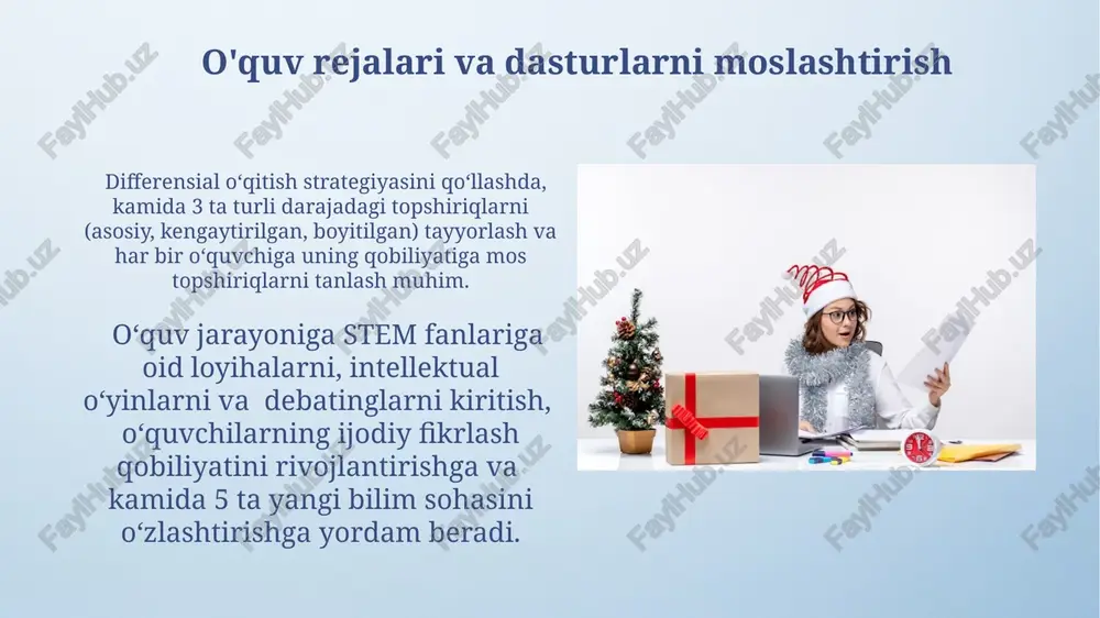 mumkin. iqtidorli bolalarning 80%i o'zlarining intellektual qobiliyatlaridan tashqari, boshqa sohalarda ham (masalan, san'at, sport) yuqori potensialga ega bo'lishi mumkin. muvaffaqiyatli o'qitish strategiyalari "bloom taksonomiyasi" bo'yicha yuqori darajadagi bilimlarni talab qiluvchi murakkab vazifalar (tahlil, sintez, baholash) iqtidorli o'quvchilarni 50% ga yaqin tezlikda rivojlantirishga yordam beradi. proyektor usuli yordamida mustaqil loyihalarni amalga oshirish, 70% dan ortiq iqtidorli bolalar o'zlarining tadqiqot qobiliyatlarini va muammo hal qilish ko'nikmalarini oshiradi. baholash va monitoring yillik yutuqlarni baholashda kamida 3 ta turli usul (testlar, loyihalar, kuzatuvlar) qo‘llanilishi va monitoring natijalari o‘quv jarayonini takomillashtirishga yo‘naltirilishi kerak. o‘quvchilarning 75% faol ishtirok etishi va 90% dan yuqori baholarga erishishi uchun individual monitoring va differensial baholash strategiyasini qo‘llash muhim. differentiatsiya va individualizatsiya differensiatsiya va individualizatsiya o'rtasidagi asosiy farq shundaki, differensiatsiya guruhlar bo'yicha yondashuvni, individualizatsiya esa har bir o'quvchiga alohida e'tibor qaratadi va bu 5-10% iqtidorli o'quvchilar uchun juda muhimdir. individualizatsiya esa har bir iqtidorli o'quvchining noyob kuchli va kuchsiz tomonlarini hisobga …