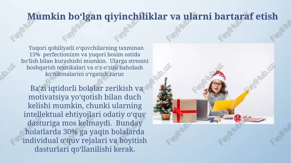 ning ta’lim jarayoniga faol jalb etilishini ta’minlash muhim. iqtidorli oʻquvchilarning psixologik xususiyatlari iqtidorli oʻquvchilarning 30-40% da perfeksionizm kuzatiladi, bu esa ularning stress darajasini oshiradi va akademik samaradorlikka salbiy ta'sir ko'rsatishi mumkin. iqtidorli oʻquvchilarning 20% da yuqori darajadagi oʻz-oʻzini tanqid qilish kuzatiladi, bu esa ularning oʻziga boʻlgan ishonchini pasaytirishi mumkin. iqtidorli oʻquvchilarni aniqlash usullari iqtidorli oʻquvchilarni aniqlashda psixometrik testlar, masalan, stenford-binet yoki veksler testlari, iq koʻrsatkichini 130 va undan yuqori boʻlganlarni aniqlashda muhim rol oʻynaydi. nomzodlarning muammolarni hal qilish, mantiqiy fikrlash va muammoga yangicha yondashuvlarni taklif qilish qobiliyatlarini oʻrganish uchun maxsus topshiriqlar va intervyularni oʻtkazish samarali usul hisoblanadi. iqtidorli oʻquvchilar uchun ta'lim dasturlari differensialashgan ta’lim, iqtidorli bolalarga 3-5 kishilik kichik guruhlarda ishlash, mustaqil loyihalar ustida ishlash imkoniyatini beradi va ularning intellektual qobiliyatlarini 30% ga rivojlantirishga yordam beradi. iqtidorli oʻquvchilar uchun individual oʻquv rejalari (ior) ularning kuchli va kuchsiz tomonlarini hisobga olgan holda, oʻquv jarayonini 20% ga tezlashtirish imkonini beradi va shuningdek, …