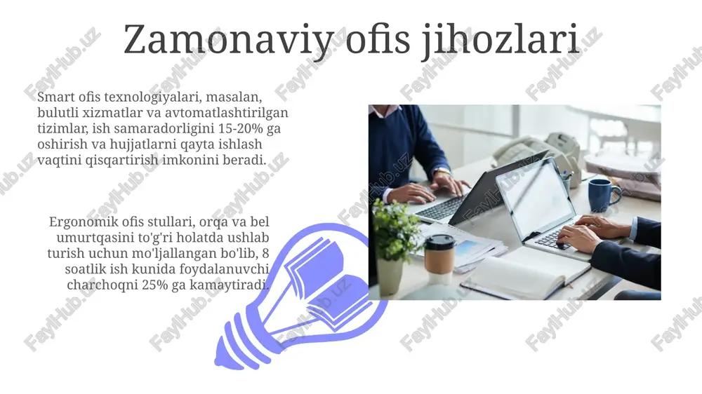 a oshirishi mumkin. zamonaviy ofis madaniyatida 360 daraja baho berish tizimi kabi innovatsion hr texnologiyalari xodimlar malakasini oshirish va ularning rivojlanishini kuzatishda muhim rol o'ynaydi. ofis xavfsizligi ofis xavfsizligini ta'minlashda kamida 20% xodimlar maxsus o'qitish kurslaridan o'tishlari va yong'in xavfsizligi bo'yicha 3 ta asosiy chorani bilishlari kerak. zamonaviy ofis binolari o'rtacha 500 dan ortiq ip-kamerali kuzatuv tizimlari bilan jihozlangan bo'lib, bu esa kirish nazorati va xavfsizlikni kuchaytirishga yordam beradi. ofis xodimlarining samaradorligi 01 02 yaxshi rejalashtirilgan vaqt boshqaruvi tizimi, shu jumladan, pomodoro texnikasi kabi usullarni qo'llash, xodimlarning kunlik vazifalarini bajarish samaradorligini 30% gacha oshirishi mumkin. sales 1st qtr 2nd qtr 100 0 sales 1st qtr 2nd qtr 100 0 ofisni avtomatlashtirish ofisni avtomatlashtirish xarajatlarni 20-30% gacha kamaytirishi va ish samaradorligini 15-25% ga oshirishi mumkin, bu esa rpa (robotic process automation) texnologiyalaridan foydalanish orqali amalga oshiriladi. zamonaviy ofis avtomatlashtirish tizimlari, bulutli xizmatlar va api integratsiyasi orqali 50 dan ortiq turli xil …