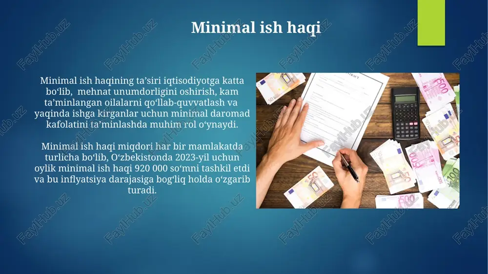 yo'naltirilgan. minimal ish haqining belgilash usullari minimal ish haqining miqdorini belgilashda, ba'zi mamlakatlar yalpi ichki mahsulotning (yaim) o'sish sur'atini, ya'ni o'rtacha 2-3% ni hisobga oladi va unga bog'liq holda indeksatsiya qiladi. minimal ish haqini aniqlashda, mehnat unumdorligi koeffitsiyentini (masalan, 1,5-2,0) va inflyatsiya darajasini hisobga olish muhim ahamiyatga ega. ish haqi va mehnat unumdorligi ish haqining adolatli taqsimlanishi mehnat unumdorligini 15-20% ga oshirishi mumkin, bu esa kompaniyaning rentabelligini yaxshilaydi va ishchilarning motivatsiyasini kuchaytiradi. minimal ish haqi miqdori mehnat unumdorligiga bevosita ta'sir qiladi; kamida 50% ishchilarning motivatsiyasi past bo'lsa, unumdorlik sezilarli darajada pasayadi. minimal ish haqining ijtimoiy ta'siri minimal ish haqining oshishi 10% ga yaqinlashganda, kam ta'minlangan oilalarning iste'mol xarajatlari 5-7% ga o'sishi kuzatiladi, bu esa ularning hayot darajasini sezilarli darajada yaxshilaydi. minimal ish haqi miqdorining ko'tarilishi, ishsizlik darajasining 1-2% ga oshishiga olib kelishi mumkin, chunki ba'zi ish beruvchilar ish haqining oshishi bilan bog'liq qo'shimcha xarajatlarni qoplay olmaydilar. e'tiboringiz uchun rahmat @taqdimot_robot …