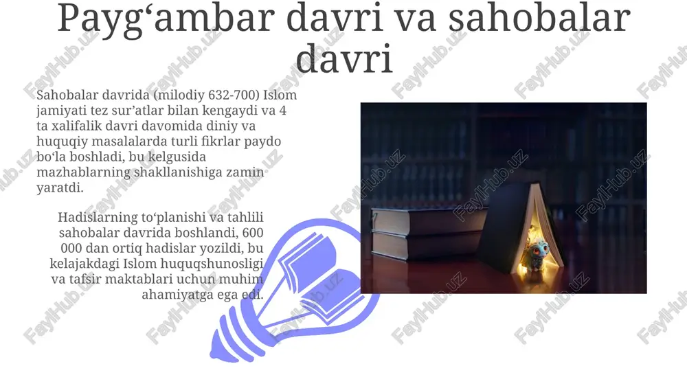 ilar va faqihlarning turli ta'limotlariga asos bo'lgan. usmon davrida islom davlatining hududiy kengayishi 30 dan ortiq viloyatga etdi, bu esa turli madaniyat va fikrlashlarning o'zaro ta'sirini kuchaytirib, turli fiqhiy mazhablarning paydo bo'lishiga turtki berdi. shialikning shakllanishi shia mazhabi ichida ham turli tafovutlar mavjud bo'lib, ular jumladan, 12-imomaga ergashuvchi "it'o'ashiya" va boshqa kichik guruhlarga bo'linadi, bu esa 7-asr oxiridan boshlab asta-sekin rivojlangan va turli tarixiy davrlarda o'zgargan. shialik mazhabining asosiy qoidalari va e'tiqodlari, qur'on va sunnat bilan bir qatorda, oila a'zolari va ahlul-baytning so'zlari va amallariga, ya'ni 12 ta imomaga tayanadi, bu esa sunniy islomdan sezilarli farqlarni keltirib chiqaradi. xalifa umar davri 01 02 umar ibn al-xattob davridagi mashhur hadis rivoyatchilari soni 30 dan ortiq bo'lib, ularning sa'y-harakatlari bilan hadislarni yig'ish va tartibga solish jarayoni boshlangan. sales 1st qtr 2nd qtr 100 0 sales 1st qtr 2nd qtr 100 0 umaviylar davri umaviylar davrida islom hukumatining hududi juda keng bo'lib, 750 …
