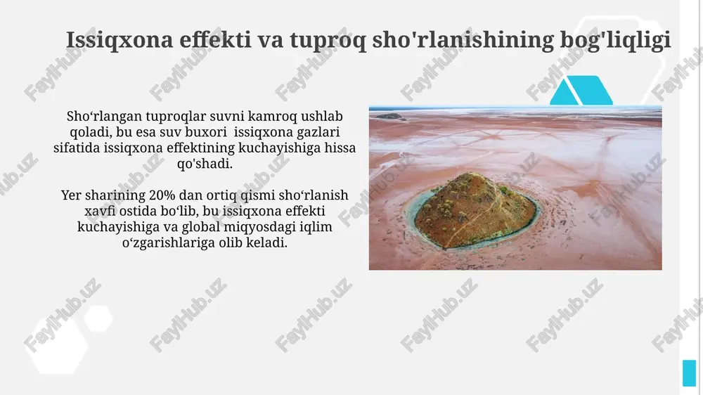 nishi o'rtasidagi bog'liqlik issiqxona effekti natijasida yuzaga keladigan global isish ozon qatlamini yupqalashga olib keladigan kimyoviy reaksiyalarni, xususan, xlorofluorokarbonlar (cfc) parchalanishini tezlashtirishi mumkin. ozon qatlami yupqalanishi tufayli ultrabinafsha nurlanishining kuchayishi tuproq unumdorligini pasaytirib, issiqxona gazlari chiqindilarini oshiradigan o'simliklarning o'sishini sekinlashtiradi. cho'lga aylanish jarayoni tuproqning sho'rlanishi va eroziyasi cho'lga aylanish jarayonining asosiy omillaridan bo'lib, ular yillik 1-5% tezlikda yer maydonlarini egallaydi. yillik yog'ingarchilik miqdori 250 mm dan kam bo'lgan hududlarda cho'lga aylanish jarayoni tezlashadi, bu esa biologik xilma-xillikni kamaytiradi. cho'lga aylanish va tuproq sho'rlanishining o'zaro ta'siri tuproqning sho'rlanishi tufayli yuzaga keladigan tuzli botqoqlanish cho'llanishni tezlashtiradi, chunki bu jarayon tuproqning unumdorligini 50% gacha pasaytiradi va suv o'tkazuvchanligini buzadi. cho'llanish jarayoni tuproqning 10-15% sho'rlanishiga olib kelishi mumkin, bu esa o'simliklarning suvga bo'lgan ehtiyojini 2-3 barobar oshiradi va hosildorlikni sezilarli darajada kamaytiradi. issiqxona effekti va cho'lga aylanishning bog'liqligi issiqxona effekti tufayli yuzaga keladigan global haroratning oshishi (1-2°c ga yaqin) tuproqning qurib qolishiga va cho'lga …