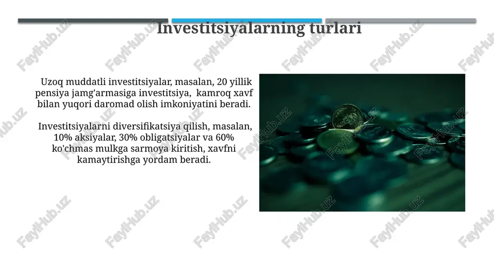 'liqni saqlash xarajatlari, shu jumladan tibbiy sug'urta va dorilar, byudjetning 10% dan 20% gacha bo'lgan qismini tashkil etib, yosh va sog'liq holatiga bog'liq holda o'zgarib turadi. uy-joyga oid sarf-harajatlar, masalan, ijaraga berish yoki ipoteka to'lovi, oylik byudjetning 25-40% ni tashkil etishi mumkin, bu turar joy joylashuviga va turmush tarziga bog'liq. jamg'arish strategiyasi jamoaviy sarmoyalar portfelini diversifikatsiyalash 20% dan kam bo'lmagan miqdorda turli aktivlar sinflariga (aktsiyalar, obligatsiyalar, ko'chmas mulk) investitsiya kiritishni o'z ichiga oladi. o'rta muddatli investitsiya strategiyasi (5-7 yil) yillik 8-12% daromadlilikni ko'zlagan holda muntazam ravishda jamg'arishlarni amalga oshirish va past xavfli aktivlarga investitsiya kiritishni ta'minlaydi. e'tiboringiz uchun rahmat @taqdimot_robot image1.jpg image2.jpg image3.jpg image4.jpg image5.jpg image6.jpg image7.jpg image8.jpg image9.jpg image10.jpg image11.jpg image12.jpg