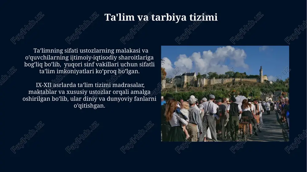 iq kuzatiladi. ushbu davr me'morchiligida geometrik naqshlar, kufiy yozuvlari va o'simlik olamidan olingan bezaklarning ko'pligi, xususan, 10-12 asrlardagi monumental inshootlarda 50 dan ortiq turdagi naqshlarning ishlatilishi xarakterlidir. fan va ilm-fan rivojlanishi buxoro, samarqand kabi yirik shaharlarda 100 dan ziyod kutubxonalar faoliyat ko'rsatib, ilm-fanning keng tarqalishiga hissa qo'shdi, bu davrda falsafa va mantiq sohalari ham sezilarli ravishda rivojlandi. ushbu davrda matematika sohasida al-xorazmiy kabi allomalar faoliyat ko'rsatib, algebra va arifmetika bo'yicha muhim ishlab chiqishlar qildilar, bu keyinchalik jahon ilmi taraqqiyotiga ta'sir ko'rsatdi. tibbiyot va farmatsevtika ibn sino va boshqa olimlarning asarlarida ta’riflangan 200 dan ortiq dorilarning retseptlari va tayyorlash texnologiyalari keyinchalik sharq mamlakatlarida ko‘p asrlar davomida qo‘llanilib kelingan, bu esa o‘z davrining yuqori darajadagi farmatsevtika bilimlaridan dalolat beradi. o‘rta osiyo hududida 9-12 asrlarda 50 dan ziyod dorivor o‘simliklar va ularning kimyoviy tarkibi, terapevtik xususiyatlari haqida maqolalar yozilgan bo‘lib, bu davr farmatsevtika fanining rivojiga sezilarli hissa qo‘shdi. e'tiboringiz uchun rahmat @taqdimot_robot image5.jpg …