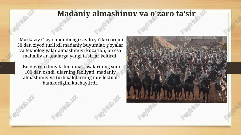 , keng ustunli masjidlar va baland minoralar kabi murakkab tuzilmalar paydo bo‘ldi. adabiyotning oltin davri: namunalar va vakillari “devonu lug'ot-it-turk” kabi ensiklopedik asarlar va alisher navoiyning “xamsa”si kabi monumental epik dostonlar ushbu davr adabiyotining yuksak cho'qqilarini ifodalaydi. ushbu davrda 100 dan ortiq qo'lyozma nusxada saqlanib qolgan she'rlar, dostonlar va nasriy asarlar o'zbek adabiyoti tarixining oltin davrini aks ettiradi. kelajak avlodlar uchun ahamiyati bu davrdagi adabiyot, san'at va arxitektura namunalari 200 dan ziyod yillar davomida milliy madaniyatimiz rivojiga ta'sir ko'rsatganligini ko'rsatadi, bu esa yoshlarning vatanparvarlik tuyg'usini shakllantiradi. mazkur davrdagi ilmiy-madaniy merosni o'rganish orqali kelajak avlodlar ilmiy, texnik va ijtimoiy taraqqiyotga munosib hissa qo'shishlari uchun muhim bilim va ko'nikmalarga ega bo'lishadi. miniatyura san'atining yuksalishi ix-xii asrlardagi miniatyura san'atining yuksalishi davrida 100 dan ortiq qo'lyozma nusxalar bezatilgan bo'lib, ularning aksariyati diniy va adabiy asarlarga tegishlidir. miniatyura san'atining rivojlanishiga 10-12 asrlarda qo'lyozmalarni ko'chirish va bezash bilan shug'ullangan kasb hunarmandlarining (xattotlar, rassomlar) faolligi katta hissa …