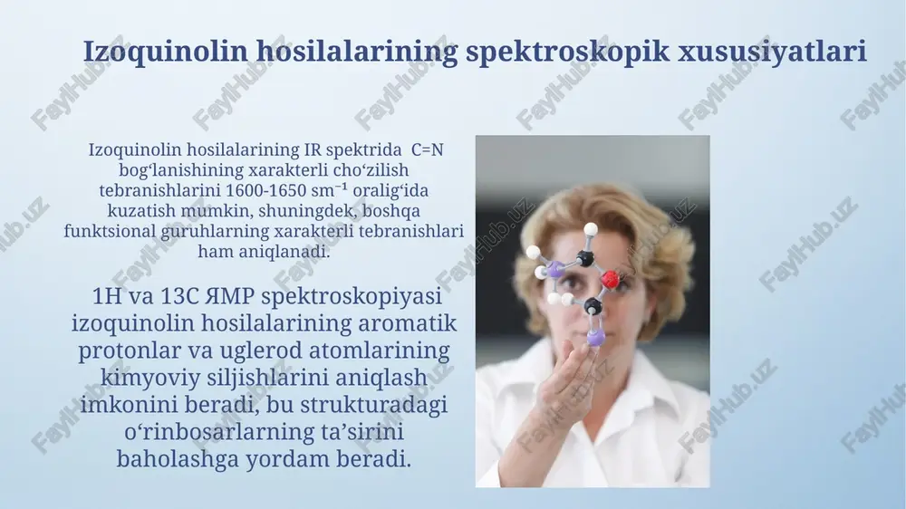 larga ta’sirini oʻrganish natijasida, ularning 50% gacha oʻsimlik oʻsishini bostiruvchi va gerbitsid xususiyatlari aniqlangan. izoquinolin hosilalarining 200 dan ortiq antibakterial, antifungal va antiviral xususiyatlarga ega boʻlgan birikmalari aniqlangan boʻlib, ularning ba’zilari klinik sinovlardan oʻtgan. izoquinolin hosilalarining sintez usullari izoquinolin hosilalarini pomeranz-fritsch reaksiyasi orqali sintez qilishda, 2-10°c haroratda benzaldegid va β-aminoefirlarning siklizatsiyasi muhim bosqich hisoblanadi. bischler-napieralski reaksiyasi yordamida 3,4-dihidroizoquinolinlarni hosil qilishda, n-asillangan β-feniletilaminlarning siklizatsiyasi uchun fosfor oksidi (p2o5) yoki polifosfor kislota (ppa) kabi kuchli dehidratlovchi vositalar ishlatiladi. izoquinolin hosilalarining ekologik ta'siri ayrim izoquinolin hosilalari, masalan, papaverin, tuproq mikroorganizmlarining faolligini 20-30% ga susaytirib, biodegradasiya jarayonlarini sekinlashtiradi. izoquinolin hosilalarining ba'zi turlari suv muhitida 50% gacha bioakumulyatsiya qilish qobiliyatiga ega bo'lib, suv organizmlarida toksik ta'sir ko'rsatishi mumkin. e'tiboringiz uchun rahmat @taqdimot_robot image4.png image5.jpg image6.jpg image7.jpg image8.jpg image9.jpg image10.jpg image11.jpg image12.jpg image13.jpg image14.jpg image15.jpg image16.jpg image3.jpeg