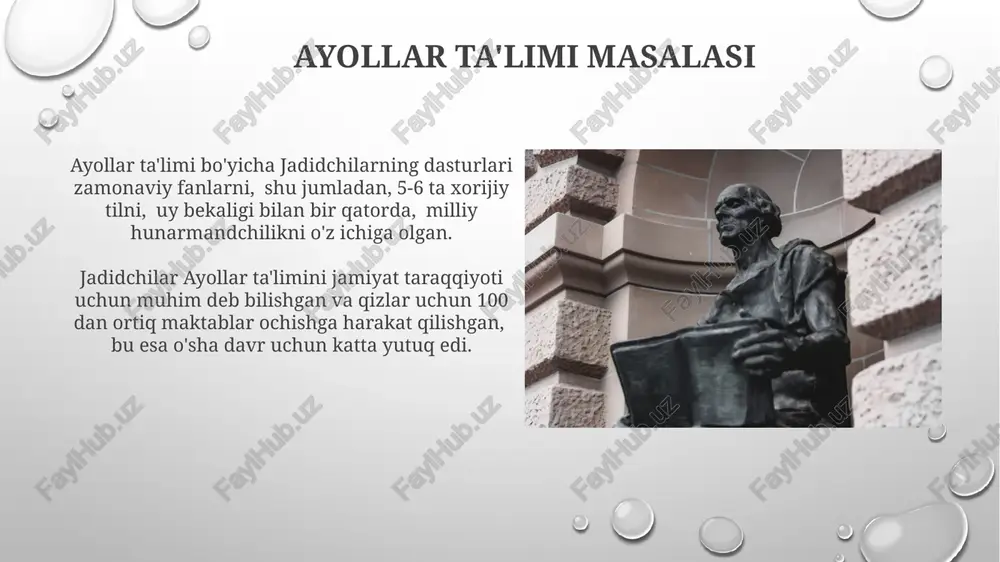 ichiga olgan keng tarmoqni tashkil etdi, milliy ong uyg'onishiga sezilarli hissa qo'shdi. jadidchilik harakati o'quv dasturlariga 30 dan ortiq yangi fanlarni, jumladan, tabiiy fanlar va jahon adabiyotini kiritdi, an'anaviy ta'limdan farqli ravishda dunyoqarashni kengaytirdi. an'anaviy ta'lim tizimining kamchiliklari an'anaviy maktablarda zamonaviy fanlar, matematika, tabiiy fanlar kabi 5-7 ta fanning o'qitilishi cheklangan bo'lib, bilimning tor doirasida qolish holati kuzatilgan. an'anaviy ta'lim tizimida faqat 10-15% o'quvchilargina diniy yo'nalishdagi bilim olish imkoniyatiga ega bo'lib, qolganlari savodsizlikda qolib ketishgan, bu esa ijtimoiy taraqqiyotni sekinlatardi. zamonaviy ilm-fanlarning o'rni jadidchilarning ta'lim dasturlarida matematika, fizika, kimyo kabi 3 ta muhim fanlarga alohida e'tibor qaratilgan. zamonaviy usullar orqali amaliy bilim berishga urg'u berilgan. zamonaviy ilm-fanlarning o'rni bo'yicha avloniyning 1900-yillarning boshlarida yozilgan asarlari, texnologiya taraqqiyotining ahamiyatini va bu borada ta'limning rolini aks ettiradi. u texnik bilimning zarurligini ta'kidlaydi. e'tiboringiz uchun rahmat @taqdimot_robot image3.png image4.jpg image5.jpg image6.jpg image7.jpg image8.jpg image9.jpg image10.jpg image11.jpg image12.jpg image13.jpg image14.jpg image15.jpg image1.png