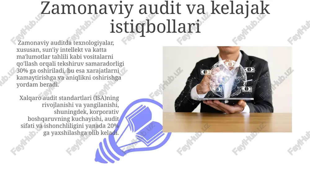 aning oʻz faoliyatining barcha jihatlarini baholash imkonini beradi. korporativ ijtimoiy javobgarlik (kij) auditlari kompaniyaning atrof-muhitga, ijtimoiy masalalarga va korporativ boshqaruvga boʻlgan taʼsirini baholashda muhim rol oʻynaydi, bu esa investitsiyalarni jalb qilish va brend obro'sini oshirishga yordam beradi. korporativ boshqaruv va auditning o'zaro bog'liqligi iso 9001 va coso kabi xalqaro standartlar korporativ boshqaruv va audit jarayonlarining bir-biri bilan uyg'unlashuvi va 2-3 bosqichda takomillashishiga yordam beradi. korporativ boshqaruvning samaradorligi, xususan, moliyaviy hisobotlarning aniqligi va ishonchliligini ta'minlashda, ichki auditning 30% dan ortiq hissasi borligini ko'rsatadi. e'tiboringiz uchun rahmat @taqdimot_robot image4.jpg image5.jpg image6.jpg image7.jpg image8.jpg image9.jpg image10.jpg image11.jpg image12.jpg image13.jpg image1.jpeg image2.jpeg image3.jpeg