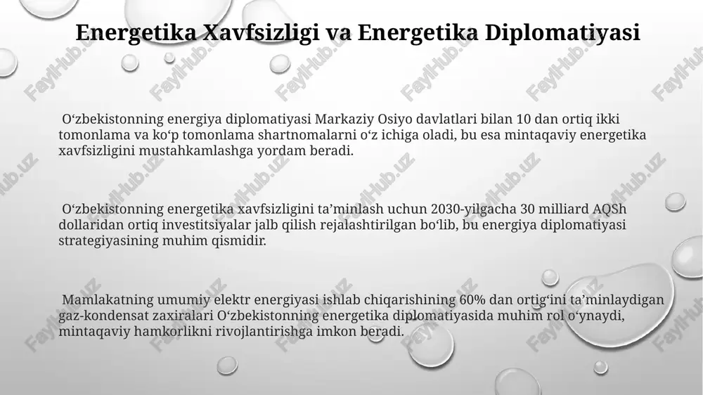 ishga yordam berdi. energetika sektoridagi davlat-xususiy sheriklik loyihalarining soni 20 dan oshgan boʻlib, bu oʻzbekistonning yangilanuvchi energiya manbalarini rivojlantirishga boʻlgan intilishini va xalqaro hamkorlikning samaradorligini koʻrsatadi. oʻzbekiston energetika resurslari va uning ahamiyati oʻzbekistonning gaz zahiralari taxminan 2,2 trillion kub metrga baholanadi, bu mamlakatning energiya xavfsizligini taʼminlashda muhim rol oʻynaydi va eksport salohiyatini oshiradi. oʻzbekiston quyosh va shamol energiyasi kabi qayta tiklanadigan energiya manbalarini rivojlantirishga 2030-yilgacha 12 gw quvvatga erishishni rejalashtirmoqda, bu karbon emissiyasini kamaytirishga yordam beradi. mamlakatda 50 dan ortiq issiqlik elektr stansiyalari mavjud boʻlib, ularning umumiy quvvati 15000 mvt dan oshadi va bu ichki isteʼmolni qoplashda muhim ahamiyatga ega. e'tiboringiz uchun rahmat @taqdimot_robot image1.png image2.png image3.png