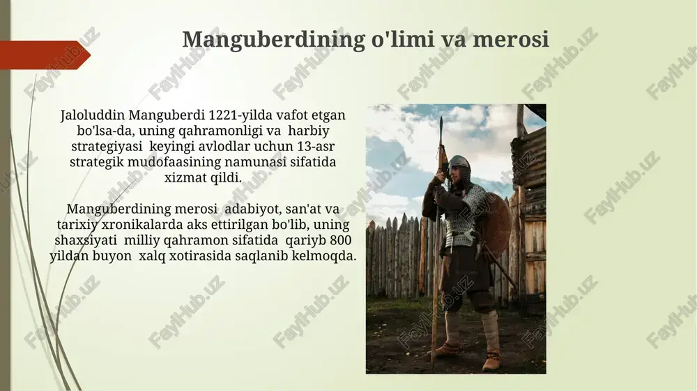 ab olishini bir necha yilga surib qo'yganligi bilan tarixiy ahamiyatga ega. manguberdi qo'shinining tuzilishi va qurollanishi manguberdi qo'shinining muhim tarkibiy qismi sifatida 500 dan ortiq dengizchi va daryo flotining mavjudligi haqida tarixiy manbalarda ma'lumotlar uchraydi. manguberdi qo'shinining asosiy qismini 40 000 dan ortiq piyoda askarlar tashkil etgan bo'lib, ularning qurollanishi asosan qilich, nayza va kamonlardan iborat edi. qoraxoniylar davlati va uning qulashi qoraxoniylar davlati 10-12-asrlarda gullab-yashnagan bo'lib, keng hududni, taxminan 1,5 million kvadrat kilometr yerni egallagan yirik o'rta asr davlati edi. uning qulashiga ichki nizolar, turli qabilalar o'rtasidagi kuch kurashi va tashqi bosqinchilar, xususan, qaro-xitiylar va saljuqiylar hujumlari sabab bo'lgan. manguberdi haqidagi afsonalar va rivoyatlar uning o'limi bilan bog'liq turli xil afsonalar mavjud, ba'zilari uning jang maydonida halok bo'lganini, boshqalari esa yashirincha chekinib, keyinchalik sirli tarzda g'oyib bo'lganini da'vo qiladi. jaloliddin manguberdining 70 000 dan ortiq qoʻshin bilan moʻgʻullar armiyasi ustiga yagona jangda hujum qilgani haqidagi afsonalar mavjud, bu uning …