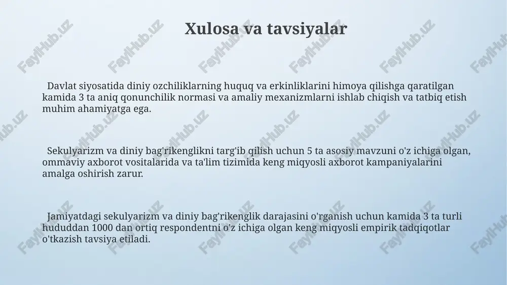 qonun bilan belgilanadi va ekstremizm, zo’ravonlik va boshqa huquqbuzarliklarni targ’ib qilishga yo’l qo’ymaydi. o’zbekistonda 16 dan ortiq ro’yxatdan o’tgan diniy tashkilotlar faoliyat yuritadi, ammo ularning faoliyati qonun doirasida bo’lishi va boshqa shaxslarning huquqlarini buzmasligi talab etiladi. din erkinligi, konstitutsiyaviy huquq sifatida, shaxslarga 5 ta asosiy din amaliyotini – ibodat qilish, marosimlarni o’tkazish, ta’lim berish, matbuot va boshqalarni amalga oshirish imkoniyatini beradi, ammo jamoat tartibini buzmasligi shart. sekulyar davlatning xususiyatlari sekulyar davlatlarda, 85% dan ortiq aholisi ma'lum bir dinni qabul qilgan bo'lsa ham, davlat siyosati barcha fuqarolar uchun teng huquq va imkoniyatlarni ta'minlashga qaratilgan. sekulyar davlatda din davlat ishlaridan alohida bo'lib, konstitutsiya 10 dan ortiq moddalar bilan din erkinligini kafolatlaydi va hech qanday dinni davlat dini deb e'lon qilmaydi. sekulyarizm davlatning neytralligi va 20 dan ortiq turli xil diniy hamjamiyatlarning teng huquqli faoliyatini ta'minlashini nazarda tutib, fuqarolarning e'tiqod erkinligiga kafolat beradi. siyosatda sekulyarizm va diniy bag'rikenglik 2017 yilda qabul qilingan qonunlar …