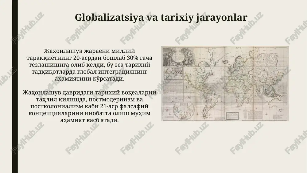 h jarayonini, siyosiy tuzumlarning almashinuvini, iqtisodiy va ijtimoiy munosabatlarning o'zgarishini o'z ichiga oladi. tarixshunoslikning metodologiyasi va manbalari tarixshunoslik metodologiyasi 3ta asosiy yondashuv – pozitivizm, postpozitivizm va poststrukturalizmni o'z ichiga oladi, ular turli xil manbalarga va ularning talqiniga turlicha yondashadi. tarixshunoslikda 1-darajali manbalar (masalan, yozma hujjatlar, arxeologik topilmalar) va 2-darajali manbalar (tarixchilarning ilmiy asarlari)ni tanqidiy tahlil qilish metodologiyasi tarixiy tadqiqotlarning aniqligiga ta'sir qiladi. ijtimoiy tarix va jamiyat qatlamlari o'rta asrlar davridagi o'zbekiston hududida shahar va qishloq jamiyat qatlamlarining madaniy va ma'naviy farqlari 20 dan ortiq o'ziga xos xususiyatlar bilan belgilangan bo'lib, bu farqlar ijtimoiy institutlarning rivojlanishida o'z aksini topgan. jamiyat qatlamlarining ijtimoiy harakatchanligi darajasi, 50 yillik davr oralig'ida o'rganilganda, iqtisodiy taraqqiyot bilan bevosita bog'liqligini ko'rsatadi, ijtimoiy mobilnost koeffitsiyentlari statistik ma'lumotlar orqali tahlil qilinadi. e'tiboringiz uchun rahmat @taqdimot_robot image1.jpg image2.jpg image3.jpg image4.jpg image5.jpg image6.jpg image7.jpg image8.jpg image9.jpg image10.jpg image11.jpg image12.jpg