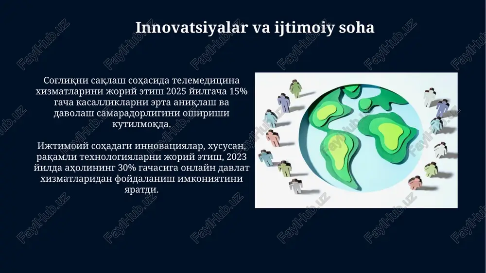 ilda 15 pog'onaga ko'tarilgan bo'lsa-da, ijtimoiy sohada ayollar ishtirokini oshirish uchun qo'shimcha siyosatlar talab etiladi. ekologik muammolar va ijtimoiy soha qishloq xo'jaligidagi pestisidlarning ortiqcha ishlatilishi tuproqning unumdorligini 15% ga kamaytirib, qishloq aholisining daromadlarini pasaytirdi va ijtimoiy notinchlikka sabab bo'lishi mumkin. orol dengizining qurib qolishi natijasida 2 millionga yaqin odam ekologik muhojirga aylanib, ijtimoiy-iqtisodiy vaziyatini sezilarli darajada yomonlashtirdi. jamoatchilik fikri va ijtimoiy soha rivojlanishi ijtimoiy tarmoqlar orqali yig'ilgan 5 milliondan ortiq jamoatchilik fikri ma'lumotlari ijtimoiy soha rivojlanishi uchun davlat dasturlarini yaratishda asos bo'lmoqda. jamoatchilik muhokamalari va fikr-mulohazalari orqali aniqlangan 10 tadan ortiq muammo ijtimoiy sohadagi kamchiliklarni bartaraf etish va samarali siyosat yuritish uchun asos bo'ldi. ijtimoiy adolatni ta’minlash mexanizmlari ijtimoiy adolatni ta’minlashda davlat tomonidan 20 dan ortiq qonun va qarorlar qabul qilinib, ularning 15 foizi ijtimoiy himoya tizimini kuchaytirishga qaratilgan. kam ta’minlangan oilalar sonini 10% ga kamaytirish maqsadida, davlat dasturlari doirasida 5 milliard so'mdan ortiq mablag' ajratilgan. ijtimoiy himoya tizimining samaradorligi …