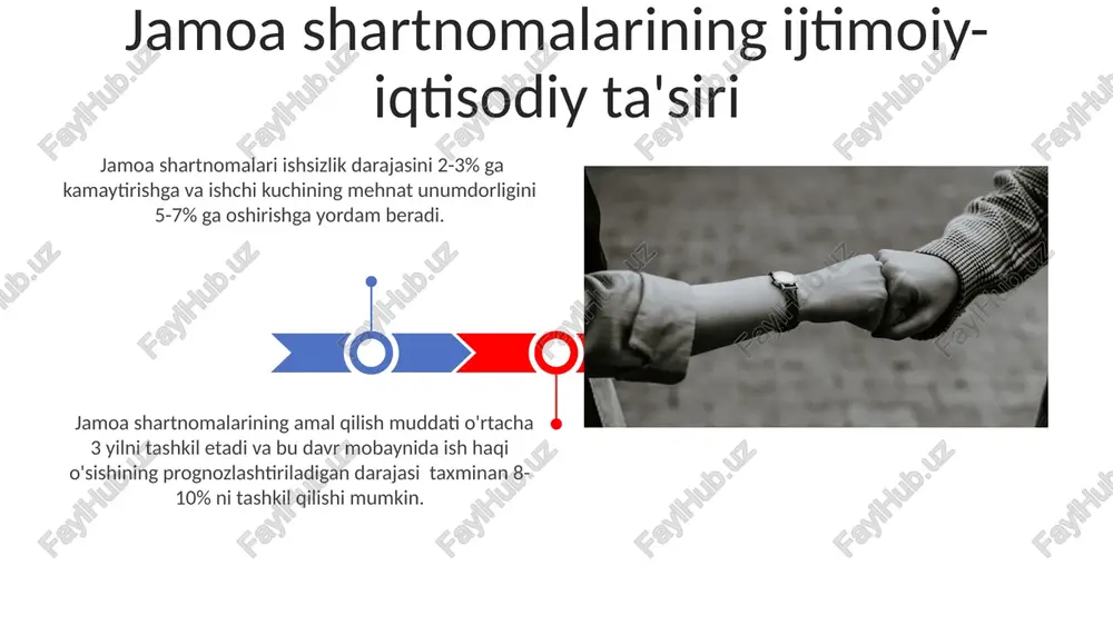 icha kollektiv shartnomalar ishchilarning o'rtacha oylik ish haqini 15-20% ga oshirishni, shuningdek, qo'shimcha to'lovlar va imtiyozlarni nazarda tutishi mumkin. ish beruvchi va xodim huquq va majburiyatlari xodimning ish joyidagi xavfsizlik qoidalariga rioya qilish majburiyati va bu qoidalarni buzganlik uchun intizomiy javobgarligi belgilangan. masalan, 3 marta ogohlantirishdan keyin ishdan bo'shatish mumkin. ish beruvchining mehnat shartnomasi bo'yicha 15 kunlik muddat ichida xodimga ish haqini to'lash majburiyati mavjud, aks holda jarima qo'llaniladi. kasaba uyushmalarining roli ish beruvchilar bilan muzokaralar jarayonida kasaba uyushmalari 10 ga yaqin bandlarni o'zgartirish yoki qo'shish bo'yicha takliflar kiritish huquqiga ega. jamoa shartnomalari orqali kasaba uyushmalari ish haqi, ish vaqti, mehnat muhofazasi kabi 5 dan ortiq mehnat sharoitlarini tartibga soladi. ijtimoiy sheriklik munosabatlari kamida 5 yil davom etadigan uzoq muddatli kelishuvlar ijtimoiy barqarorlikni ta'minlash va ishsizlik darajasini 3% dan past saqlashga yordam beradi. mehnat kodeksi va boshqa 10 dan ortiq qonun hujjatlari ijtimoiy sheriklik munosabatlarini tartibga solishda muhim rol o'ynaydi, …