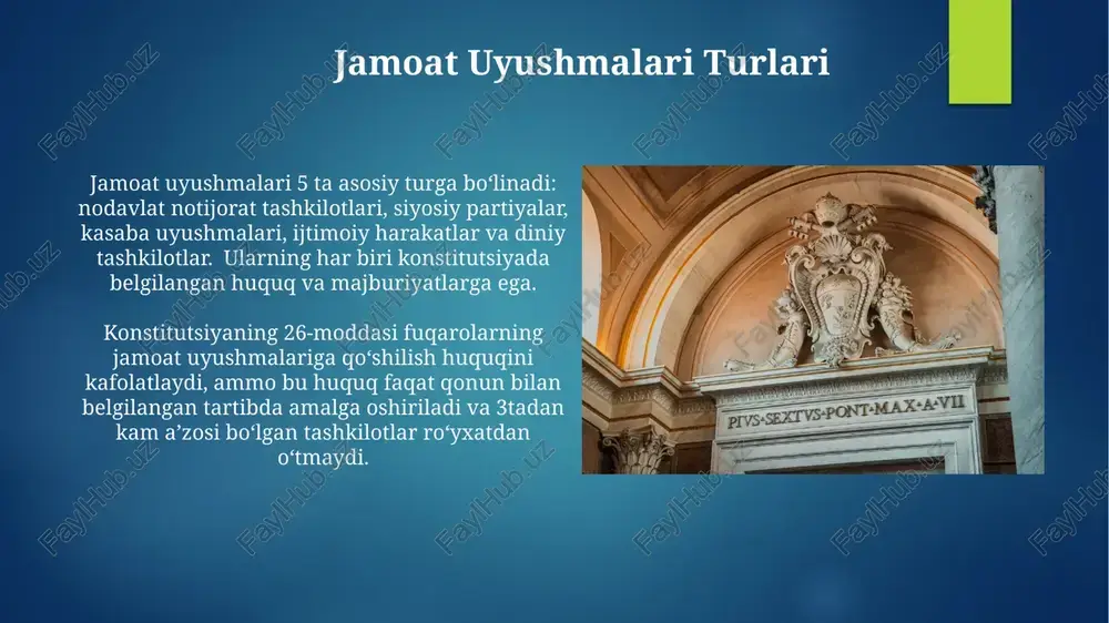 publikasining konstitutsiyasi jamoat birlashmalarining faoliyatiga aralashishga yo'l qo'yilmasligini, faqat qonun bilan belgilangan tartibda nazorat qilinishini belgilaydi. jamoat birlashmalarining moliyaviy hisobotlariga oid 5 yildan ortiq muddatgacha saqlanishi va tegishli organlar tomonidan tekshirilishi majburiydir. jamoat uyushmalarini ro'yxatdan o'tkazish ro'yxatdan o'tkazish uchun zarur bo'lgan hujjatlarning to'liq ro'yxati va ularni rasmiylashtirish tartibi o'zbekiston respublikasining 2002 yil 15 apreldagi 306-ii-sonli qonuni bilan belgilangan. jamoat birlashmalarini ro'yxatdan o'tkazish jarayonida 5 kundan ortiq muddatga cho'zilishi qonun hujjatlarida belgilanmagan bo'lib, bunday holatlar qonunbuzilish hisoblanadi. jamoat uyushmalarining moliyalashtirilishi jamoat uyushmalarining moliyaviy faoliyatiga 2021 yilgi 15-sonli qonun bilan kiritilgan o'zgarishlar ularning shaffofligini oshirishga va mablag'lardan samarali foydalanishni ta'minlashga qaratilgan. jamoat uyushmalarining kamida 30% moliyalashtirilishi a'zolik badallari va xayriyalar hisobidan amalga oshirilishi, qolgan qismi grantlar va homiylik mablag'laridan tashkil topishi mumkin. fuqorolarning birlashish erkinligi fuqorolarning birlashish erkinligi qonun bilan tartibga solinadi, ammo bu erkinlikni cheklash faqat sud qarori asosida va qonun bilan belgilangan tartibda amalga oshirilishi mumkin. konstitutsiya fuqarolarning siyosiy partiyalar, …