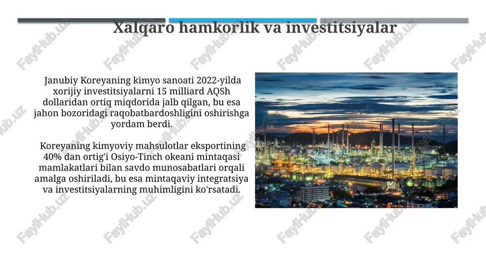 a ushbu tarmoqqa bog'liqdir, bu esa ish bilan bandlikka sezilarli ta'sir ko'rsatadi. janubiy koreyaning kimyo sanoati umumiy ko'rinishi janubiy koreya kimyo sanoatida 300 mingdan ortiq ishchi faoliyat yuritadi va mamlakatning yalpi ichki mahsulotiga 5% dan ortiq hissa qo'shadi, bu esa uning iqtisodiy ahamiyatini ta'kidlaydi. janubiy koreya kimyo sanoati jahon bozorida 10 ta eng yirik kimyo kompaniyalaridan 5 tasini o'z ichiga oladi va yillik mahsulot hajmi 100 milliard aqsh dollaridan oshadi. asosiy kompaniyalar va korxonalar 2023-yil holatiga ko'ra, janubiy koreyada 500 dan ortiq kimyoviy korxona faoliyat yuritmoqda va bu tarmoq mamlakatning yalpi ichki mahsulotining taxminan 3% ni tashkil etadi. koreya kimyoviy kompaniyalari global bozorning 5% dan ortig'ini egallaydi va polimerlar, petrokimyoviy mahsulotlar va batareya materiallari ishlab chiqarish bo'yicha dunyoda etakchi hisoblanadi. neft-kimyo sanoati mamlakatning neft-kimyo korxonalari yiliga 50 milliondan ortiq tonna polietilen va polipropilen kabi polimerlar ishlab chiqaradi, bu esa avtomobilsozlik va qadoqlash kabi sohalarni ta’minlaydi. janubiy koreya neft-kimyo mahsulotlari ishlab …