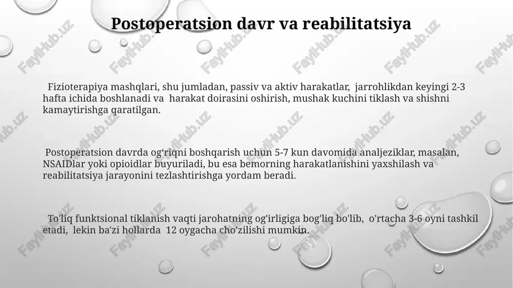 hlik davolashda asabning 2-3 mm dan kamroq bo'lgan mayda shikastlanishlarni mikroxirurgiya yordamida tiklash mumkin, bu esa nervning funksiyasini tiklash imkoniyatini sezilarli darajada oshiradi. asoratlar periferik tomirlarning shikastlanishi natijasida tromboz yoki emboliya xavfi 10-20% gacha yetishi mumkin, bu esa oʻtkir ishemiyani keltirib chiqarishi mumkin. asoratlarning 30% dan ortigʻi, ayniqsa, yuqori energiyali jarohatlarda, nervlarning shikastlanishi bilan bogʻliq boʻlishi mumkin. klinik koʻrinishlar, shu jumladan, ogʻriq, sezuvchanlikning pasayishi va harakatning cheklanishi, asoratlarning ogʻirligini va davolashning murakkabligini aniqlashda muhim ahamiyatga ega. nervni tiklash jarrohligi nervning regeneratsiyasi tezligini oshirish uchun, o'rtacha 1 mm kuniga bo'lgan regeneratsiya tezligini hisobga olgan holda, jarrohlikdan keyingi davolashda fizik terapiya va elektr stimulyatsiyasi muhim ahamiyatga ega. nerv tiklash jarrohligida mikrojarrohlik texnikalari, masalan, 7-0 yoki 8-0 tikuvlari yordamida nerv tolalarining aniq biriktirilishi, muvaffaqiyat darajasini sezilarli darajada oshiradi. kompleks nerv shikastlanishlarida, 3 dan ortiq nerv shoxchalari shikastlanganda, nerv transplantatsiyasi yoki nervning avtotransplantatsiyasi usullari qo'llaniladi, bu esa tiklanish vaqtini uzaytiradi. bemorni kuzatish bemorning periferik …