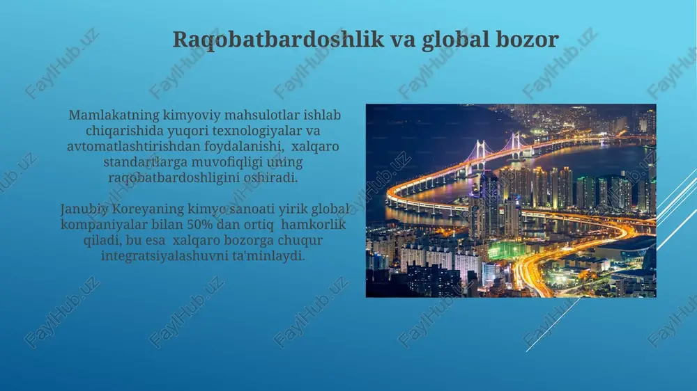 biy koreyaning neft-kimyo sanoati jahon bozorida yetakchi oʻntalikka kiradi va yillik 100 milliard aqsh dollaridan ortiq mahsulot ishlab chiqaradi, asosan, petrokimyo va polimerlar boʻyicha. sanoatning iqtisodiy ahamiyati janubiy koreya kimyo sanoati mamlakat yalpi ichki mahsulotining 15% dan ortig'ini tashkil etadi va millionlab ish o'rinlarini ta'minlaydi, bu iqtisodiy o'sish uchun muhim hisoblanadi. eksportga yo'naltirilgan kimyo sanoati 2022 yilda 100 milliard aqsh dollaridan ortiq daromad keltirgan, bu mamlakatning jahon savdosiga qo'shgan ulushiga sezilarli ta'sir ko'rsatadi. farmatsevtika sanoati janubiy koreyaning farmatsevtika sanoati global bozorda 2021-yilda taxminan 20 milliard aqsh dollari miqdorida eksport hajmini amalga oshirgan, bu mamlakatning jahon farmatsevtika bozoridagi ta'sirini ko'rsatadi. janubiy koreya hukumatining farmatsevtika sanoatini rivojlantirishga qaratilgan siyosati, shu jumladan, tadqiqot va rivojlantirishga katta hajmdagi investitsiyalar, sohaning jadal o'sishini ta'minlamoqda. davlat siyosati va qo'llab-quvvatlash mamlakatda kimyo sanoati rivojlanishini rag'batlantirish uchun soliq imtiyozlari, jumladan, foyda solig'ining 10% gacha kamaytirilishi kabi choralar ko'riladi. janubiy koreya hukumati kimyo sanoatiga yillik 500 million aqsh dollarigacha …