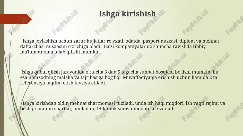 fi odatda oylik maoshni, ish vaqti jadvalini va sinov muddatini (masalan, 3 oy) o'z ichiga oladi, shuningdek, ish beruvchining kompaniya siyosati va majburiyatlarini ham batafsil bayon qiladi. ish taklifi va shartnomasida 2 tomon (ish beruvchi va xodim) imzo chekadi va shartnoma muddati, masalan, 1 yildan kam bo'lmagan muddatga tuzilishi mumkin, bu esa qonun hujjatlariga muvofiq bo'lishi kerak. mehnat shartnomasi, ish taklifidan farqli o'laroq, huquqiy kuchga ega bo'lib, tomonlarning huquq va majburiyatlarini, shuningdek, ish haqi miqdorini, ish joyini va boshqa muhim shartlarni aniq belgilaydi, odatda 1 nusxada tuziladi. kompaniya madaniyati xodimlar o'z malakalarini oshirish uchun o'rtacha 20 soatlik treninglarga qatnashadilar, bu esa kompaniya ichida yuqori professionallik muhitini shakllantiradi. kompaniya madaniyati ichki aloqalarga, xodimlarning 80% dan ortig'i o'z jamoasiga yuqori darajada qoniqishini ko'rsatuvchi so'rov natijalariga asoslanadi. kompaniyaning innovatsion madaniyati yillik 15% ga teng o'sish sur'atlarini ta'minlab, yangi g'oyalar va texnologiyalarni joriy etishga yo'naltirilgan. muammolarning oldini olish ishga qabul qilishdan oldin huquqiy maslahat …