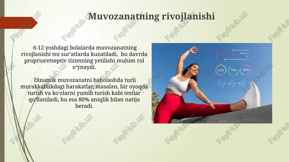 h) kabi turli usullar jismoniy fazilatlarning (kuch, tezlik, chidamlilik) turli jihatlarini o’lchash va taqqoslash imkonini beradi. kuchning rivojlanishi kuchning rivojlanishida 8-12 yoshdagi bolalarda mushak massasining tez o'sishi kuzatiladi, bu esa jismoniy kuch ko'rsatkichlarining yaxshilanishiga olib keladi, ayniqsa, charchoqqa chidamliligi ortadi. kuchning rivojlanishiga ta'sir etuvchi omillar sifatida genetik omillar (30-40%), trenirovkalarning sifati va rejimi (50-60%), to'g'ri ovqatlanish (10-20%) ajratiladi. xavfsizlik texnikasi xavfsizlik texnikasi 3-sinf o'quvchilari uchun jismoniy mashqlar bajarishda to'g'ri pozani saqlash, jismoniy zo'riqishni 15-20% gacha chegaralash va mashg'ulotlar oralig'ida yetarli dam olishni o'z ichiga oladi. xavfsizlik texnikasining muhim jihatlaridan biri – 10 daqiqadan ortiq jismoniy mashqlar bajarishdan oldin yengil qizdiruv mashqlari (5-7 daqiqa) va mashqlardan so'ng tiklovchi mashqlarni (5-10 daqiqa) bajarish. egiluvchanlikning rivojlanishi egiluvchanlikni rivojlantirishda, 10-15 yosh oraligʻidagi bolalarda maksimal egiluvchanlikka erishish mumkin, lekin muntazam mashqlar bilan bu ko'rsatkichni 20 yoshdan keyin ham yaxshilash mumkin. egiluvchanlik darajasini baholashda, goniometr yordamida burchak o'lchovlarini olish va shu orqali harakat doirasini aniq aniqlash …