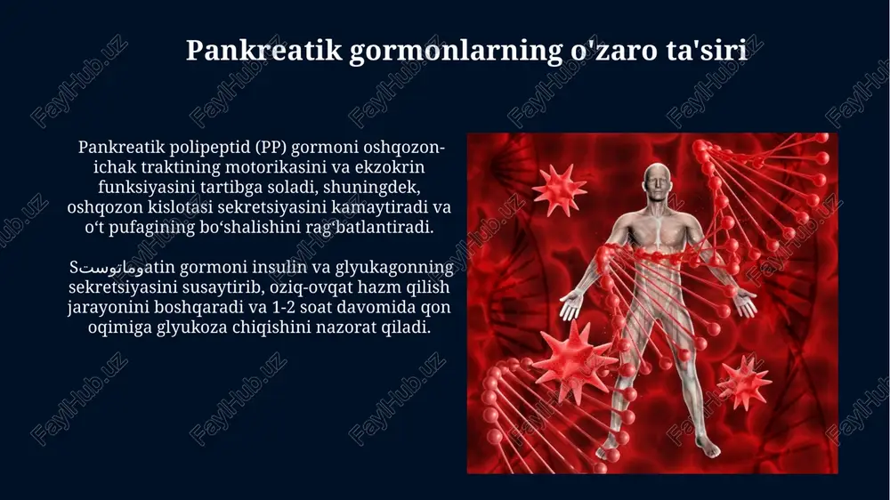 mbranasidan oson oʻtib, dnkga taʼsir koʻrsatadi, oqsil sintezini 20% ga oʻzgartirishi mumkin. erkak jinsiy gormonlari (androgenlar) androgenlarning qon plazmasidagi konsentratsiyasi yoshga va kunning vaqtiga bog'liq holda o'zgarib turadi, masalan, ertalabki soatlarda eng yuqori darajaga yetadi va 20-30 yosh oralig'ida eng yuqori cho'qqisiga chiqadi. erkak jinsiy gormonlari, androgenlar, asosan buyrak usti bezlari va moyaklarda ishlab chiqariladi, ulardan testosteron 95%ini tashkil etadi va mushak massasi o'sishini, suyak zichligini oshirish va erkaklarning jinsiy xususiyatlarini rivojlantirishda muhim rol o'ynaydi. jinsiy bezlarning ichki sekretsiyasi erkaklarda moyaklar androgenlar, asosan testosteron ishlab chiqarish orqali spermatogenezni (sperma hosil bo'lishini) boshqaradi va ikkinchi darajali jinsiy belgilarning rivojlanishiga ta'sir ko'rsatadi. jinsiy bezlar, ya'ni tuxumdonlar va moyaklar, 17-β-estradiol va testosteron kabi 20 dan ortiq steroid gormonlarni ishlab chiqaradi, ularning bir qismi jinsiy rivojlanish va funksiyalarini tartibga soladi. to'qima gormonlari tushunchasi autokrin ta'sirga ega bo'lgan to'qima gormonlari, o'z hujayralariga ta'sir ko'rsatadi, parakrin ta'sirga ega bo'lganlari esa qo'shni hujayralarga ta'sir qiladi, bu esa …