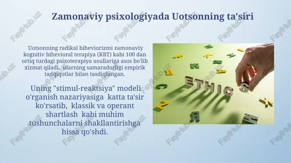 tsonning stimullar va reaksiyalar nazariyasi insonning xulq-atvorini tashqi muhitdagi stimullarga bergan reaksiyalari orqali tushuntiradi, bu yerda 3 ta asosiy prinsip mavjud. stimul-reaksiya bog'liqligi klassik shartlanish orqali shakllanadi, masalan, it pavlov tajribasida 100 marta qo'ng'iroq ovozi bilan ovqat taqdim etilgandan so'ng, qo'ng'iroq ovozi ham tupurik ajralishini keltirib chiqaradi. xulq-atvor terapiyasi xulq-atvor terapiyasi, watsonning nazariyasiga asoslanib, 3 bosqichli jarayonni o'z ichiga oladi: tahlil, interventsiya va baholash, muvaffaqiyat darajasi 70% dan yuqori bo'lgan hollarda samarali. o'rtacha 12 ta seans davom etadigan xulq-atvor terapiyasi, psixologik muammolarni 5 dan 10 ballgacha og'irlikdagi simptom ballari miqdorini sezilarli darajada kamaytiradi. jon uotsonning xulq-atvorchiligi nazariyasi haqida umumiy ma'lumot jon uotsonning xulq-atvorchiligi nazariyasi, 1913-yilda e'lon qilingan "psixologiya sifatida xulq-atvor" manifestini asos qilib olgan bo'lib, ongning ichki jarayonlarini o'rganish o'rniga kuzatiladigan xulq-atvorga e'tibor qaratadi. uotsonning xulq-atvorchiligi, inson xatti-harakatlarini atrof-muhit omillari va o'rganish orqali shakllanishini ta'kidlab, tabiatdan ko'ra tarbiya omilining ahamiyatini 70% ga ko'proq urg'ulaydi. e'tiboringiz uchun rahmat @taqdimot_robot image4.png image5.jpg …