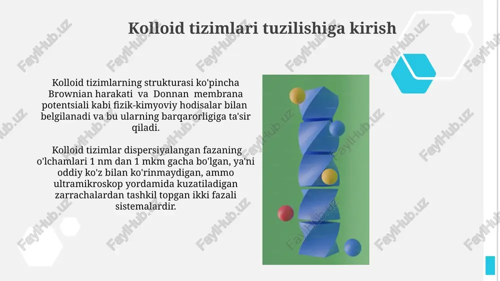 i o'rganish usullari elektron mikroskopiya, jumladan, transmissiya elektron mikroskopiyasi (tem) va skanirlovchi elektron mikroskopiya (sem) kolloid zarrachalarning shakli va tuzilishini yuqori aniqlikda, 1 nm dan pastroq o'lchamlarini tasvirlash imkonini beradi. kolloid tizimlarining o'lchamini aniqlashda dinamik nur sochilish (dls) usuli 1 nm dan 1 mkm gacha bo'lgan zarrachalar o'lchamini aniqlash imkonini beradi va bu usul kolloid zarrachalarining gidrodinamik diametri haqida ma'lumot beradi. kolloid tizimlarining hosil bo'lish mexanizmlari kolloidlarni hosil qilishda, masalan, 10-100 nm o'lchamdagi zarrachalarni olish uchun, yüzey faol moddalarni qo'llash orqali zarrachalarning agregatsiyasi oldini olish mumkin. elektrokimyoviy usullar, masalan, elektroforez yoki elektroliz yordamida, zarrachalar o'lchamini va zaryadini boshqarish orqali kolloid tizimlarni 90% gacha samaradorlik bilan hosil qilish mumkin. mikroskopik usullar mikroskopik usullar yordamida kolloid zarrachalarning o'lchamini (1-1000 nm) aniqlash mumkin, bu esa ularning turini va xususiyatlarini aniqlashga imkon beradi. kolloid zarrachalarning shakli va o'lchamlarining tarqalishini tahlil qilish uchun raqamli tasvir tahlili dasturlari bilan birgalikda optik mikroskoplardan foydalanish mumkin, bu esa …