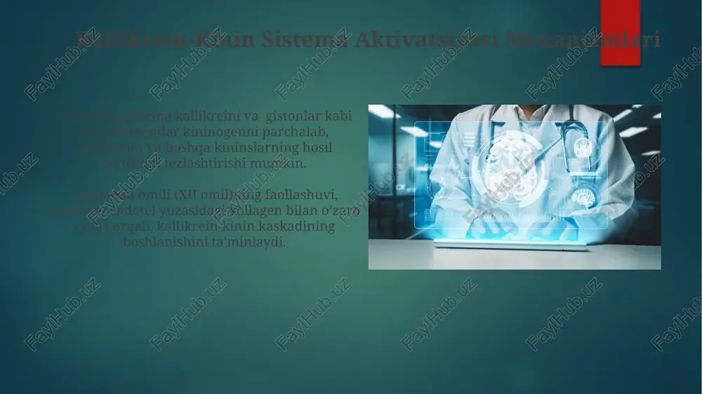 alan, og‘ir sepsis holatlarida, kallikrein-kinin sistemasining susayishiga va yallig‘lanishga javob berishning buzilishiga olib kelishi mumkin. yallig‘lanish jarayonida 5-12 soat davomida kallikrein-kinin sistemasi faol bo‘lib, yallig‘lanish mediatorlarining (masalan, prostaglandinlar) ishlab chiqarilishini kuchaytiradi va og‘riqni keltirib chiqaradi. kininlarning tarkibi va xususiyatlari kininalarni degradatsiya qiluvchi fermentlar, masalan, kininza, ularning biologik ta'sirini cheklashda muhim rol o'ynaydi va ularning plazmadagi yarim chiqish davrini 30 soniyadan kamroq vaqt ichida qisqartiradi. kininalarning asosiy farmakologik ta'siri qon tomirlarining kengayishi (vazodilatatsiya) bo'lib, bu qon bosimining pasayishiga va shish paydo bo'lishiga olib keladi. bunday ta'sirlar ularning b2 retseptorlari bilan o'zaro ta'siri orqali amalga oshiriladi. kallikrein-kinin sistema va kasalliklar bradikinin kabi kininlar og'riq retseptorlarini faollashtiradi va ularning yuqori darajasi og'riqning kuchayishiga olib kelishi mumkin, bu esa 5-10% bemorlarda kuzatiladi. kininlar yallig'lanish reaksiyalarida ishtirok etadi va ularning haddan tashqari faollashuvi angioedema kabi 1-2 turdagi og'ir shishlarni keltirib chiqarishi mumkin. e'tiboringiz uchun rahmat @taqdimot_robot image6.jpg image7.jpg image8.jpg image9.jpg image10.jpg image11.jpg image12.jpg image13.jpg image14.jpg …