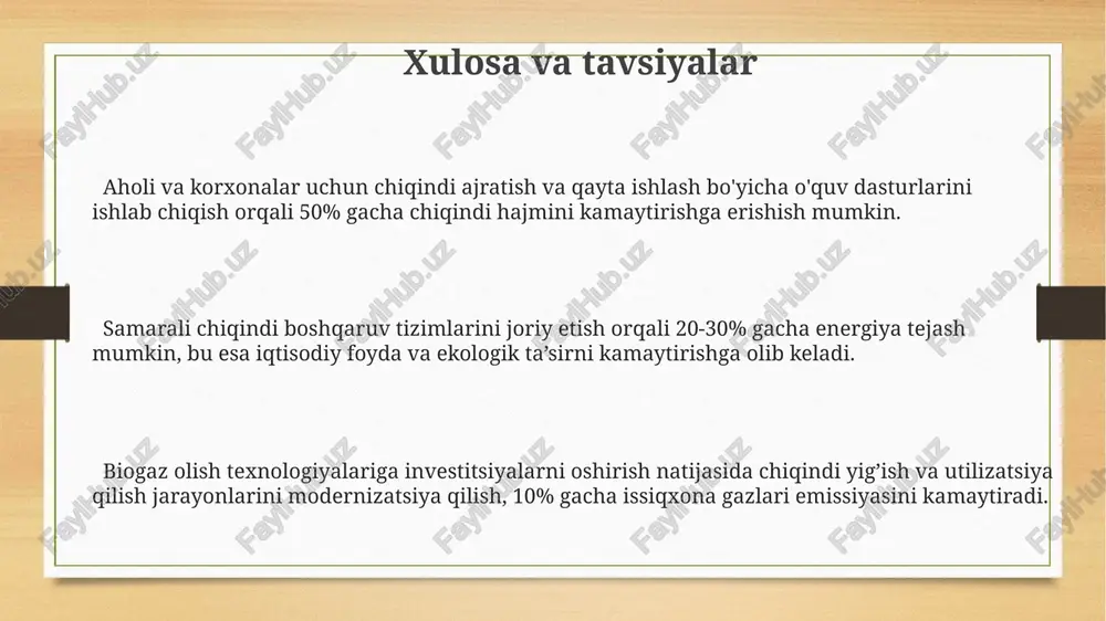 ga va tuproq, suv va havo ifloslanishiga olib keladi. isrofsiz texnologiyalar: innovatsiyalar va yangiliklar “zero waste” tamoyiliga asoslangan aylanma iqtisodiyot modeli 90% gacha chiqindilarni qayta ishlash va atrof-muhitga ta’sirini sezilarli darajada kamaytirishga imkon beradi. chiqindilarni qayta ishlash texnologiyalari yordamida 80% gacha chiqindi materiallarni qayta ishlash va 30% gacha energiya sarfini kamaytirishga erishiladi. biogaz olish texnologiyalari orqali organik chiqindilardan 60% gacha bioyoqilg'i ishlab chiqarish va karbon emissiyasini 40% ga kamaytirish mumkin. isrofsiz texnologiyalar: iqtisodiy afzalliklari chiqindilarni qayta ishlash texnologiyalari, xom ashyo xarajatlarini 25% gacha kamaytirish orqali, ishlab chiqarish jarayonlarini arzonlashtiradi va raqobatbardoshlikni kuchaytiradi. isrofsiz texnologiyalar, masalan, energiya samaradorligi bo'yicha 15-20% tejashga olib kelishi mumkin, bu esa korxonalarning yillik xarajatlarini sezilarli darajada kamaytiradi va rentabellikni oshiradi. avtomatlashtirilgan isrofsiz tizimlar, inson xatoliklarini 10% ga kamaytirib, mahsulot sifatini oshiradi va shu bilan birga, mehnat unumdorligini 15% ga ko'taradi. isrofsiz texnologiyalarni rivojlantirish istiqbollari isrofsiz texnologiyalarni rivojlantirishda sun'iy intellekt va mashinani o'rganish algoritmlari yordamida energiya sarfini …