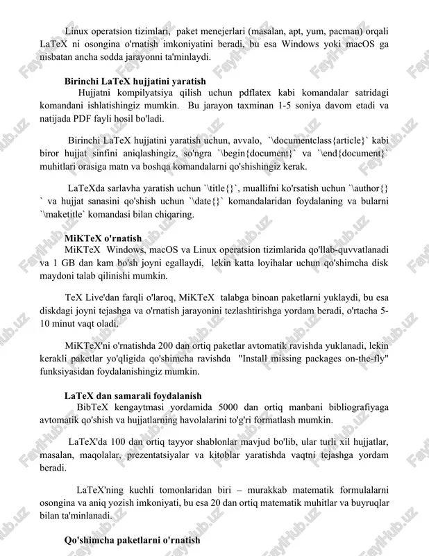 irinchi latex hujjatini yaratish hujjatni kompilyatsiya qilish uchun pdflatex kabi komandalar satridagi komandani ishlatishingiz mumkin. bu jarayon taxminan 1-5 soniya davom etadi va natijada pdf fayli hosil bo'ladi. birinchi latex hujjatini yaratish uchun, avvalo, `\documentclass{article}` kabi biror hujjat sinfini aniqlashingiz, so'ngra `\begin{document}` va `\end{document}` muhitlari orasiga matn va boshqa komandalarni qo'shishingiz kerak. latexda sarlavha yaratish uchun `\title{}`, muallifni ko'rsatish uchun `\author{}` va hujjat sanasini qo'shish uchun `\date{}` komandalaridan foydalaning va bularni `\maketitle` komandasi bilan chiqaring. miktex o'rnatish miktex windows, macos va linux operatsion tizimlarida qo'llab-quvvatlanadi va 1 gb dan kam bo'sh joyni egallaydi, lekin katta loyihalar uchun qo'shimcha disk maydoni talab qilinishi mumkin. tex live'dan farqli o'laroq, miktex talabga binoan paketlarni yuklaydi, bu esa diskdagi joyni tejashga va o'rnatish jarayonini tezlashtirishga yordam beradi, o'rtacha 5-10 minut vaqt oladi. miktex'ni o'rnatishda 200 dan ortiq paketlar avtomatik ravishda yuklanadi, lekin kerakli paketlar yo'qligida qo'shimcha ravishda "install missing packages on-the-fly" funksiyasidan foydalanishingiz mumkin. …