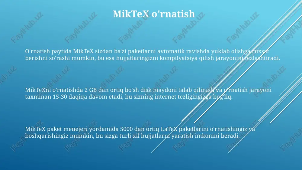 abi muhim paketlarni o'rnatishingiz kerak bo'lishi mumkin. latex nima va nega kerak? latex kodini yozib, kompilyatsiya qilganingizdan so'ng, siz xatosiz, professional ko'rinishdagi pdf faylni olasiz, bu esa 20% dan ortiq vaqtni tejashga yordam beradi. latex, oddiy matn muharrirlaridan farqli o'laroq, hujjat tuzilmasini aniq belgilash imkonini beradi va bu sizga murakkab ko'p sahifalik hujjatlarni, masalan, 500 betli dissertatsiyani osongina boshqarishga yordam beradi. latex — bu matematik formulalar, murakkab jadvallar va boshqa ko'pgina elementlarni o'z ichiga olgan yuqori sifatli hujjatlar yaratishga imkon beruvchi kuchli va bepul tizim bo'lib, 1000 dan ortiq paketlarni qo'llab-quvvatlaydi. tex live o'rnatish tex live'ni o'rnatishda 20 gb dan ortiq bo'sh joy talab qilinishi mumkin, shuning uchun tizimingizda yetarli joy borligiga ishonch hosil qiling va o'rnatish jarayonini muvaffaqiyatli yakunlash uchun internet ulanishingiz barqaror bo'lishi kerak. tex live'ning katta hajmdagi paketlarni o'z ichiga olganligi sababli, o'rnatish vaqti tizimingizning parametrlariga qarab 30 minutdan bir necha soatgacha cho'zilishi mumkin. o'rnatish paytida turli …