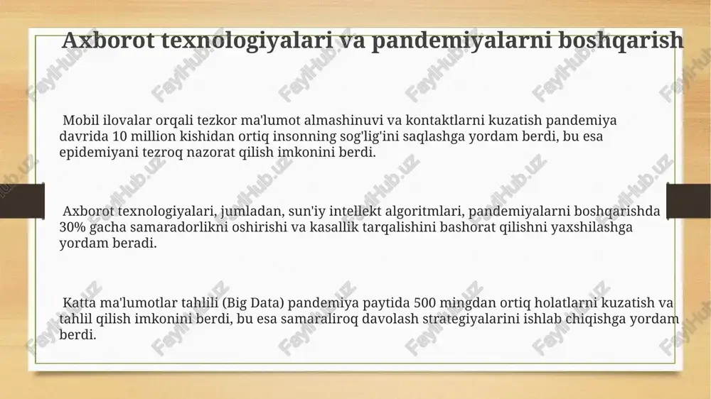 ajralib turadi, 99% dan ortiq aniqlik bilan virusli rnkni 104 kopiya/ml dan aniqlay oladi. karantin choralari va ularning samaradorligi jahon sogʻliqni saqlash tashkiloti maʼlumotlariga koʻra, samarali karantin choralari oʻlim darajasini 10-20% ga pasaytirishga yordam beradi, ammo bu har bir mamlakatning sogʻliqni saqlash tizimining imkoniyatlariga bogʻliq. karantin choralari, yuqumli kasalliklarning tarqalishini 50-90% ga kamaytirishga qodir boʻlib, bu samaradorlik darajasi kasallikning xususiyatlari va choralarni amalga oshirish sifatiga bogʻliq. 2020-yilgi covid-19 pandemiyasi davrida qoʻllanilgan karantin choralari oʻrtacha 2-4 hafta davom etgan, va ularning samaradorligi, virusning reproduktiv sonini (r0) pasaytirish orqali baholandi. yuqori xavfli infektsiyalarni tarqalish mexanizmlari aerosollar orqali yuqish xavfi ba'zi yuqumli kasalliklar, xususan, tuberkulez va o'pka kasalliklari kabi, infeksiyaning tarqalishiga katta hissa qo'shadi, bu esa 1000 kishidan 10 nafari kasallanishi mumkin degan ma'noni anglatadi. ko'plab yuqumli kasalliklar, jumladan, gripp va sars-cov-2 kabi viruslar, havo tomchilarida, ya'ni nafas olish va yo'talish paytida tarqaladi, infektsiyalangan shaxs bilan yaqin aloqada bo'lish xavfini 5 marta oshiradi. …