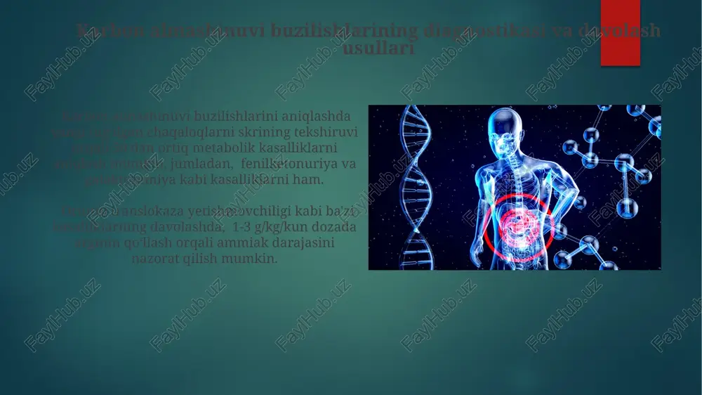 an bolalarda uchraydi va terining yallig'lanishi, soch to'kilishi va tirnoqlarning o'zgarishi kabi alomatlar bilan namoyon bo'ladi. biotin yetishmovchiligining genetik sabablari, shu jumladan holokarboksilaza sintaz geni mutatsiyalari, kam uchraydi, ammo ularning aniqlanishi muhim diagnostik ahamiyatga ega. maple siropi siydik kasalligi msud ni davolash asosan parhezga asoslangan bo'lib, leysin, izolösin va valin miqdorini cheklashni o'z ichiga oladi; bir qator bemorlarda gemodializ kerak bo'lishi mumkin. msud ning og'ir shakllari hayotning birinchi haftasida paydo bo'ladi va giperleysonemiya, ketoatsidoz va neyrologik buzilishlar bilan namoyon bo'ladi, o'lim darajasi yuqori (50%). homotsisteinemiya gomotsisteinemiya, metionin metabolizmining buzilishi natijasida yuzaga keladi va qonda gomotsistein darajasining 100 mkmol/l dan yuqori boʻlishi bilan tavsiflanadi. ushbu kasallikning klinik ko'rinishlari yurak-qon tomir kasalliklari, trombozlar, neyrologik nuqsonlar va skelet anormalliklari kabi juda xilma-xildir. karbon almashinuvi buzilishiga umumiy nuqtai karbon almashinuvi buzilishlari 500 dan ortiq turdagi genetik kasalliklarni o'z ichiga oladi, ularning ko'pchiligi noyob va progressiv xususiyatga ega. ushbu buzilishlar energiya ishlab chiqarish, oqsil sintezi …