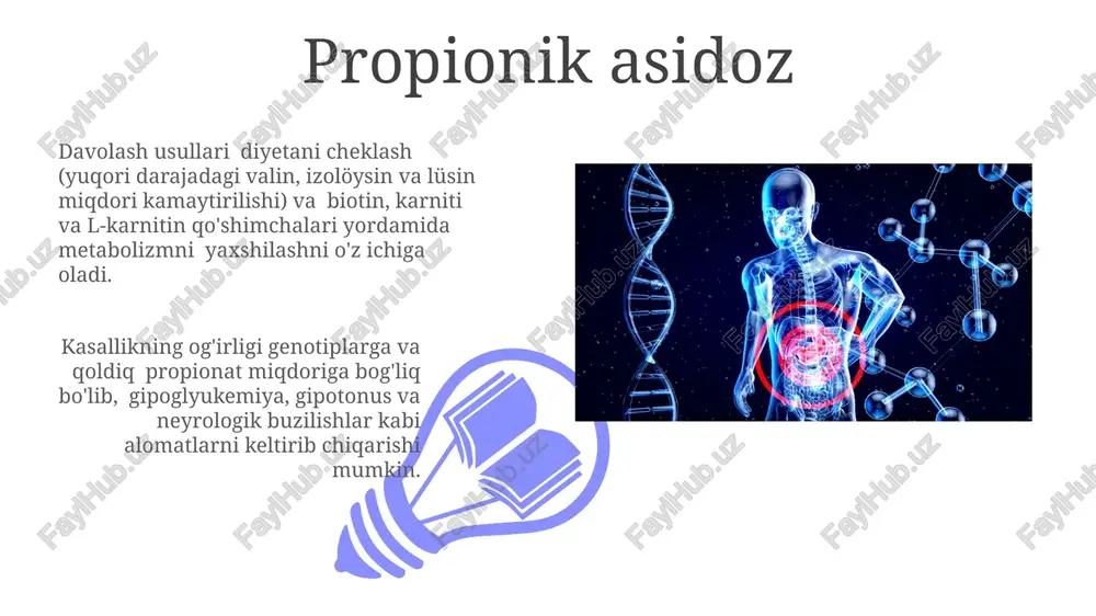 enez buzilishi, masalan, β-oksidlanish fermentlarining genetik nuqsonlari tufayli, yog' kislotalari metabolizmining 30 dan ortiq turli xil xil kasalliklarini o'z ichiga oladi. piruvat dehidrogenaza kompleksi yetishmovchiligi pdc yetishmovchiligi turli xil mutatsiyalar natijasida yuzaga keladi va kasallikning og'irligi mutatsiya turiga va uning ta'siriga bog'liq. piruvat dehidrogenaza kompleksi yetishmovchiligi, glyukoza metabolizmining buzilishiga olib keladi va qonda laktat miqdorining 5 mmol/l dan yuqori bo'lishiga sabab bo'ladi. glikogenozlarning tasnifi va patogenezi 01 02 pompe kasalligi (glyukogenozlar turi ii) lizosomal α-1,4-glyukozidazaning etishmovchiligi bilan bog'liq bo'lib, glikogen lizosomalarda to'planib, asosan yurak va skelet mushaklariga ta'sir qiladi. sales 1st qtr 2nd qtr 100 0 sales 1st qtr 2nd qtr 100 0 glikogenozlar glyukogenozlar diagnostikasi fermentlar faolligini o'rganish, genetik tahlil va gistologik tekshiruvlarni o'z ichiga oladi, davolash esa parhez va qo'llab-quvvatlovchi terapiyalardan iborat. glyukogenozlar 11 turdan ortiq fermentlarning genetik nuqsonlari tufayli yuzaga keladi va jigar, mushaklar va boshqa to'qimalarda glikogen to'planishi bilan tavsiflanadi. izolevsion asidozi izoleytsinning katabolizmasidagi ferment etishmovchiligi …