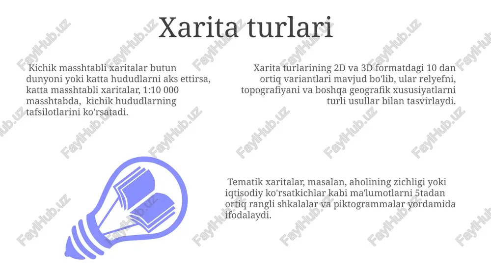 onlar ranglarning 10 dan ortiq gradasiyali o'tishlari yordamida chuqurlikni, balandlikni yoki boshqa geografik xususiyatlarni ifodalashda izopletalar kabi kartografik usullar qo'llaniladi. issiqlik xaritalari (heat maps) kabi usullar, 200 dan ortiq nuqtalarni ranglarning zichligi orqali miqdoriy ma'lumotlarni aks ettiradi. xarita rang sxemalari, masalan, 5 darajali rangli shkalali, ma'lumotlar hajmini va turini vizual tarzda tushunishni osonlashtiradi. masshtablar kichik masshtabli xaritalar (masalan, 1:1 000 000) katta hududlarni, lekin kamroq tafsilotlar bilan ko'rsatadi, katta masshtabli xaritalar (masalan, 1:10 000) esa kichik hududlarni, ammo yuqori darajadagi tafsilotlar bilan aks ettiradi. masshtab turlari orasida nominal, chiziqli va grafik masshtablar mavjud bo'lib, ularning har biri xaritaning aniqligi va maqsadiga qarab tanlanadi; masalan, topografik xaritalarda ko'pincha chiziqli masshtab qo'llaniladi. masshtablar xaritalarda geografik obyektlarning haqiqiy o'lchamlarini kamaytirilgan holda tasvirlash uchun ishlatiladi, masalan, 1:100 000 masshtab 1 sm xaritadagi masofa 1 km yer yuzidagi masofaga to'g'ri keladi degan ma'noni anglatadi. xaritaning tarkibiy qismlari xarita tarkibiy qismlariga geografik koordinatalar tizimi, shkalasi va …
